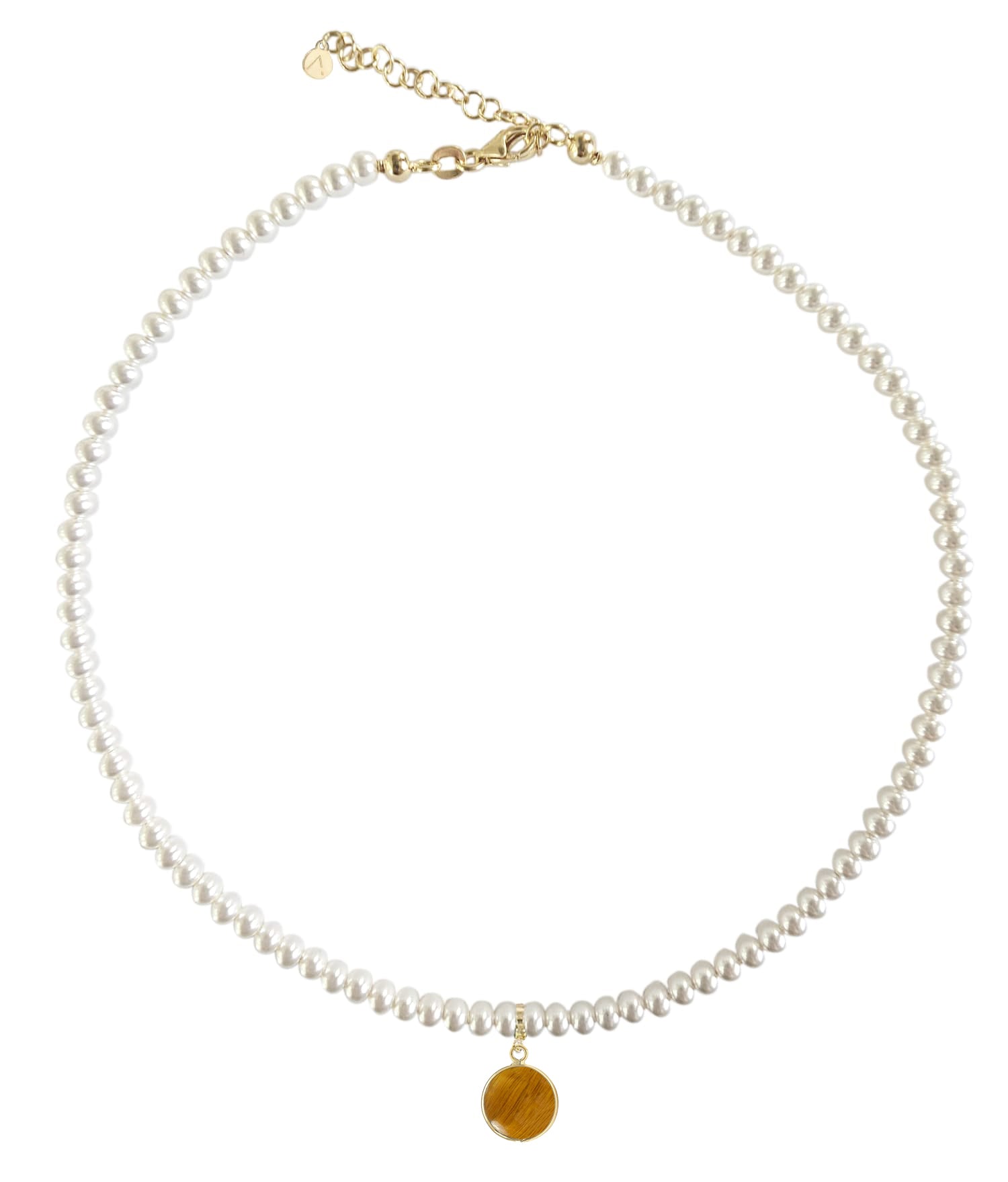 Short eco pearl necklace, cross pendant, 9K yellow gold, Madre Perla stone