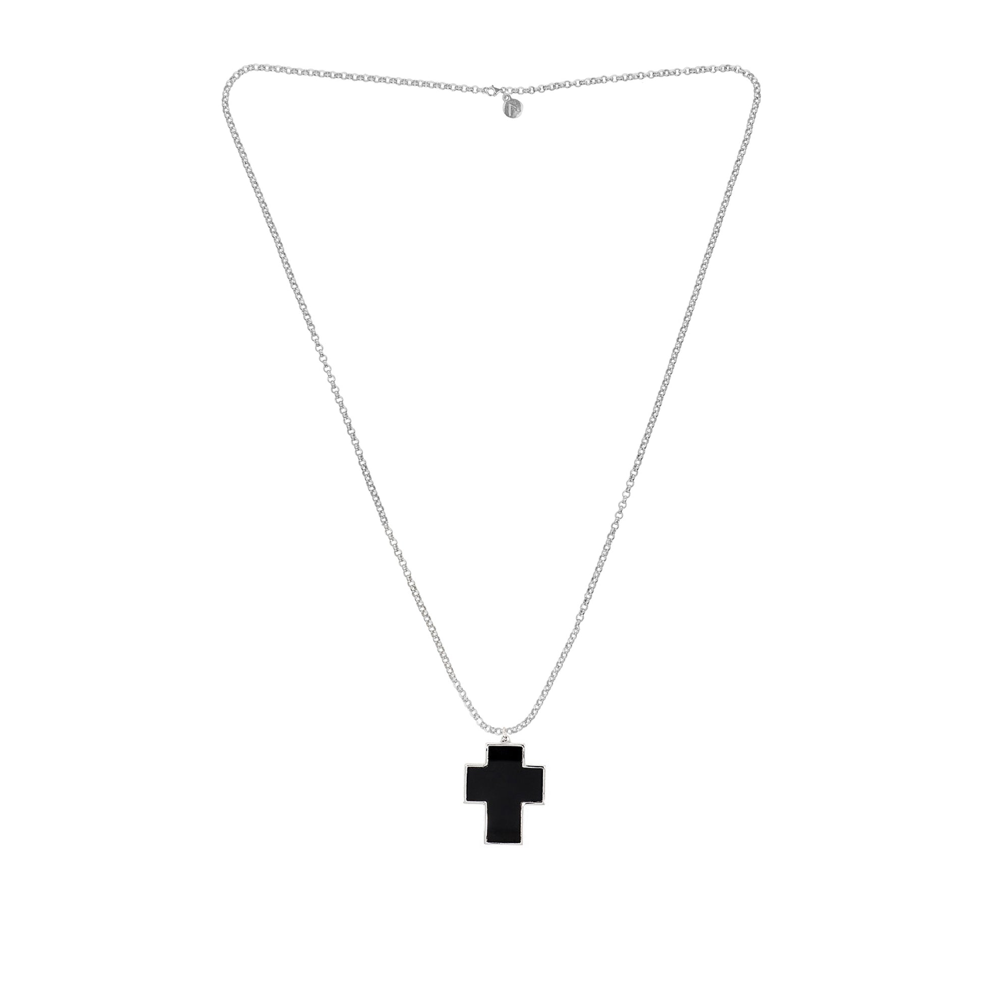 Long chain with cross pendant, 925 silver, Onyx stone