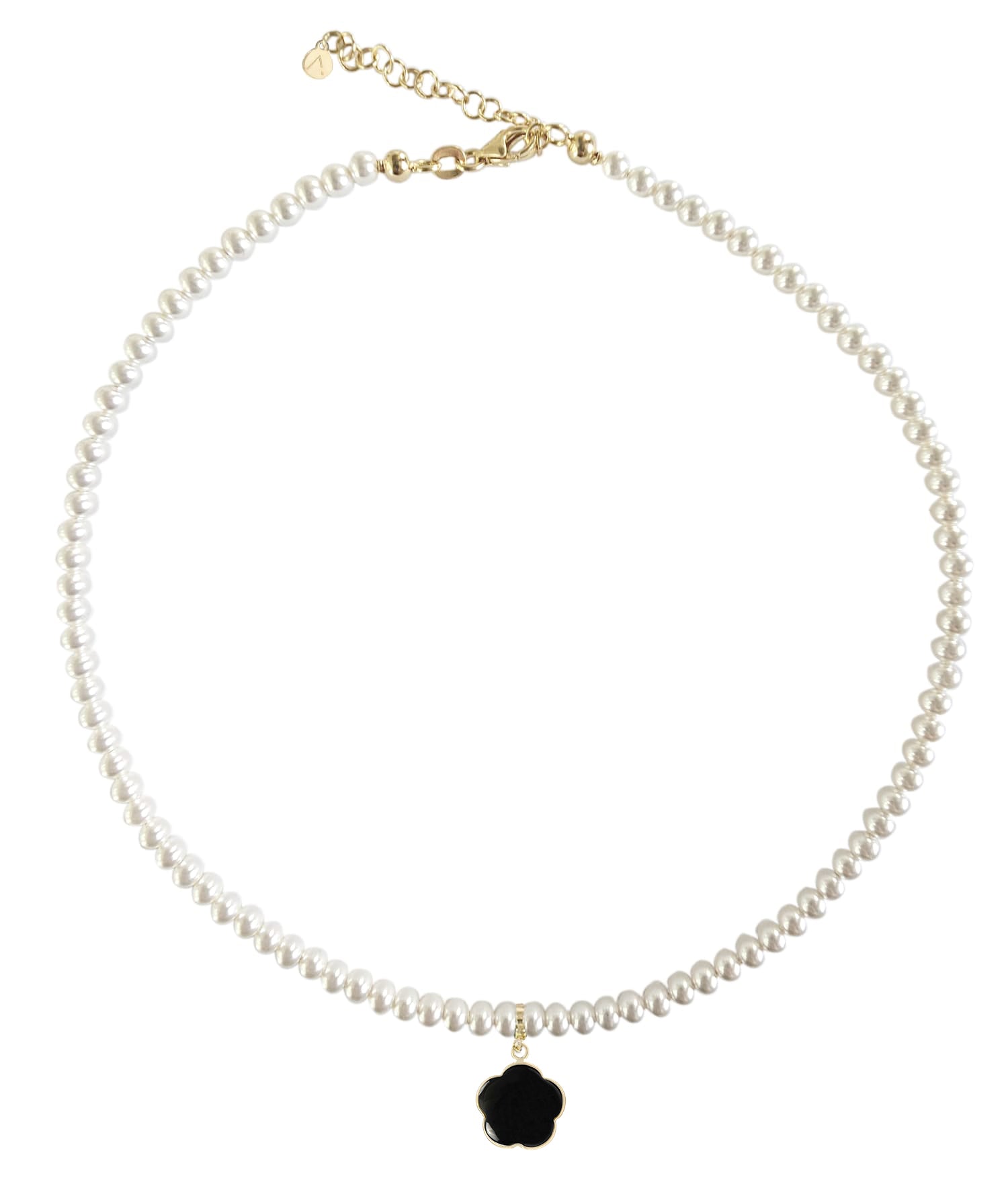 Short eco pearl necklace, cross pendant, 9K yellow gold, Madre Perla stone