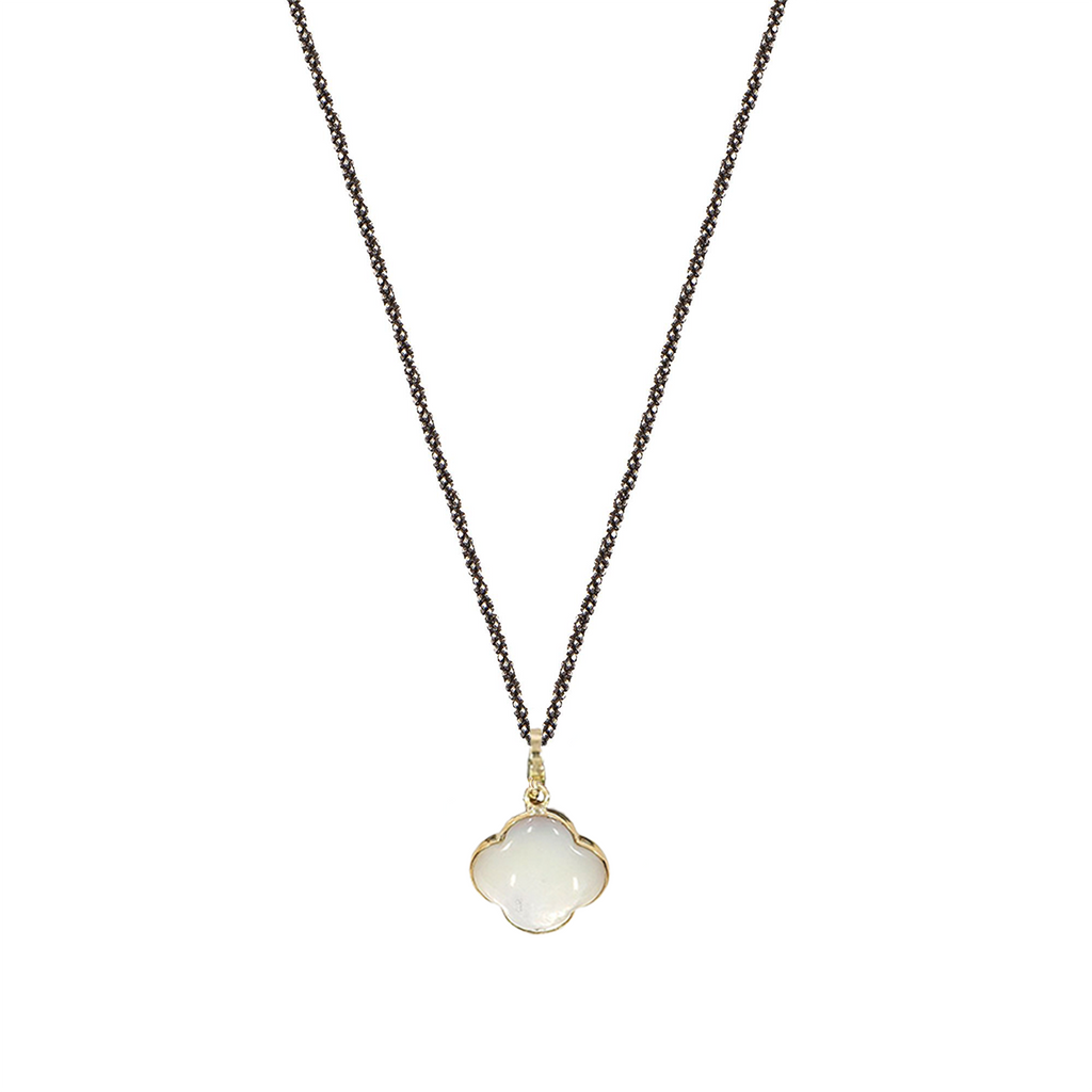 Long black silver chain with twisted diamonds and a 9k gold cross pendant, Madre Perla stone 