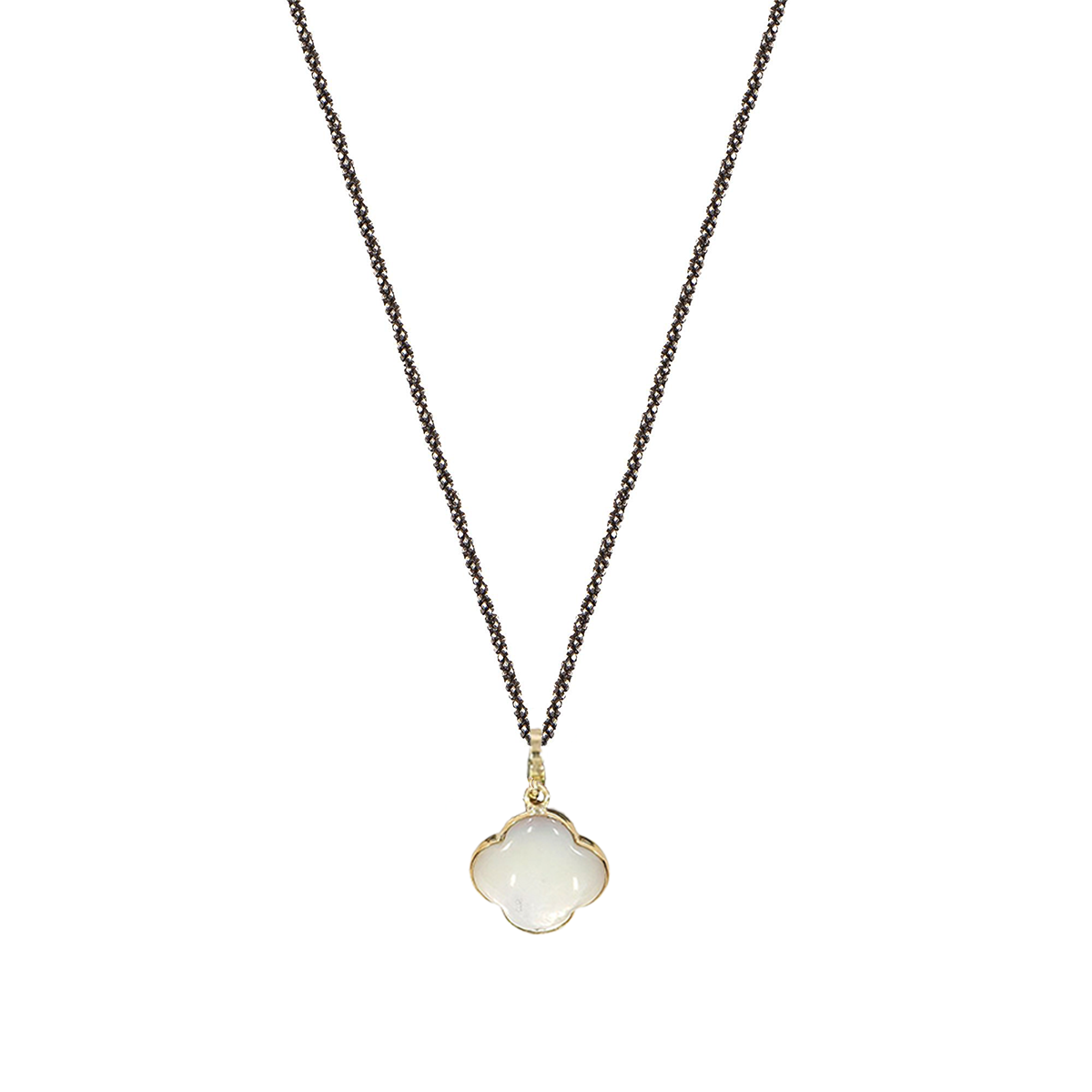Long black silver chain with twisted diamonds and a 9k gold cross pendant, Madre Perla stone 