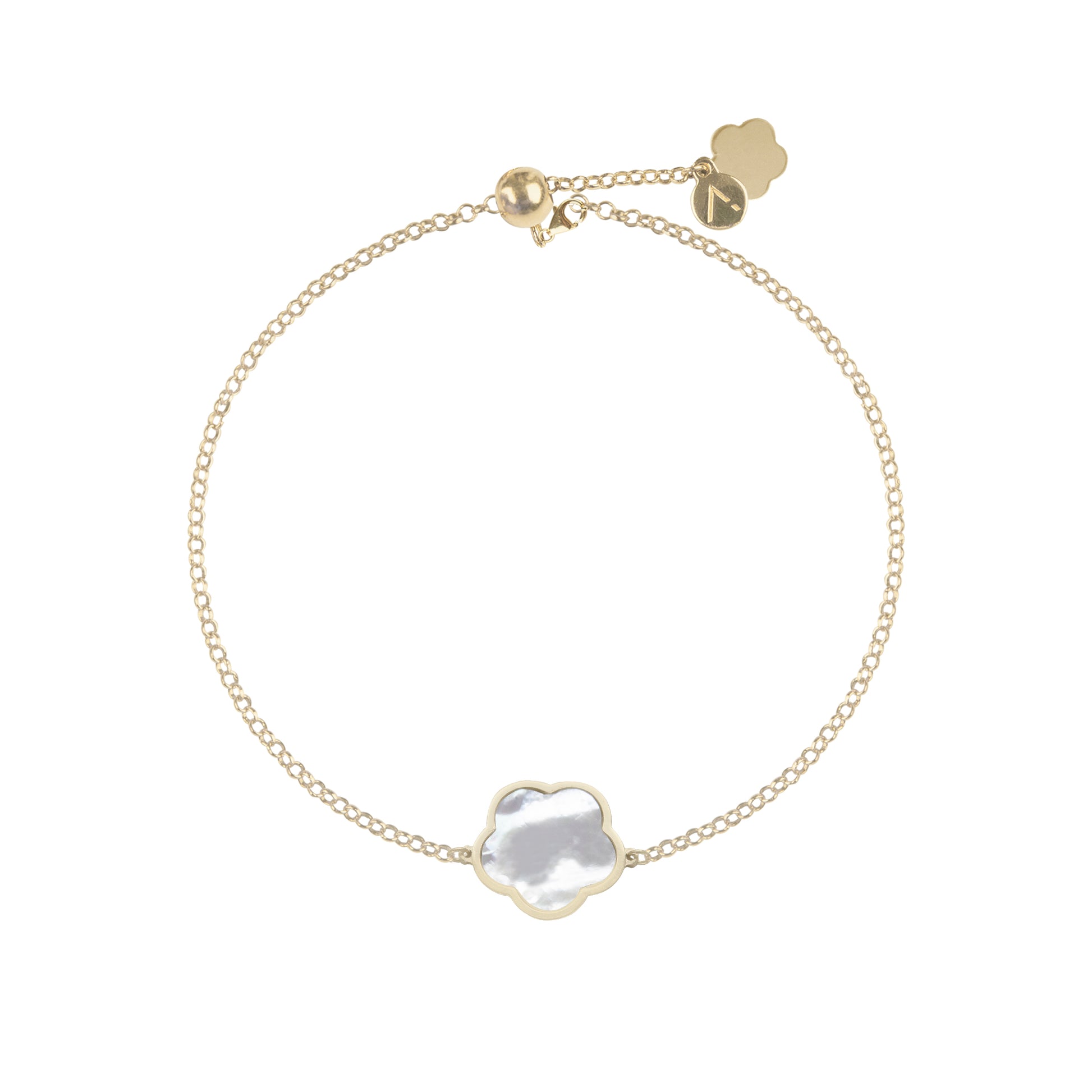 Adjustable bracelet with flower pendant, 9K yellow gold, white Madre Perla stone