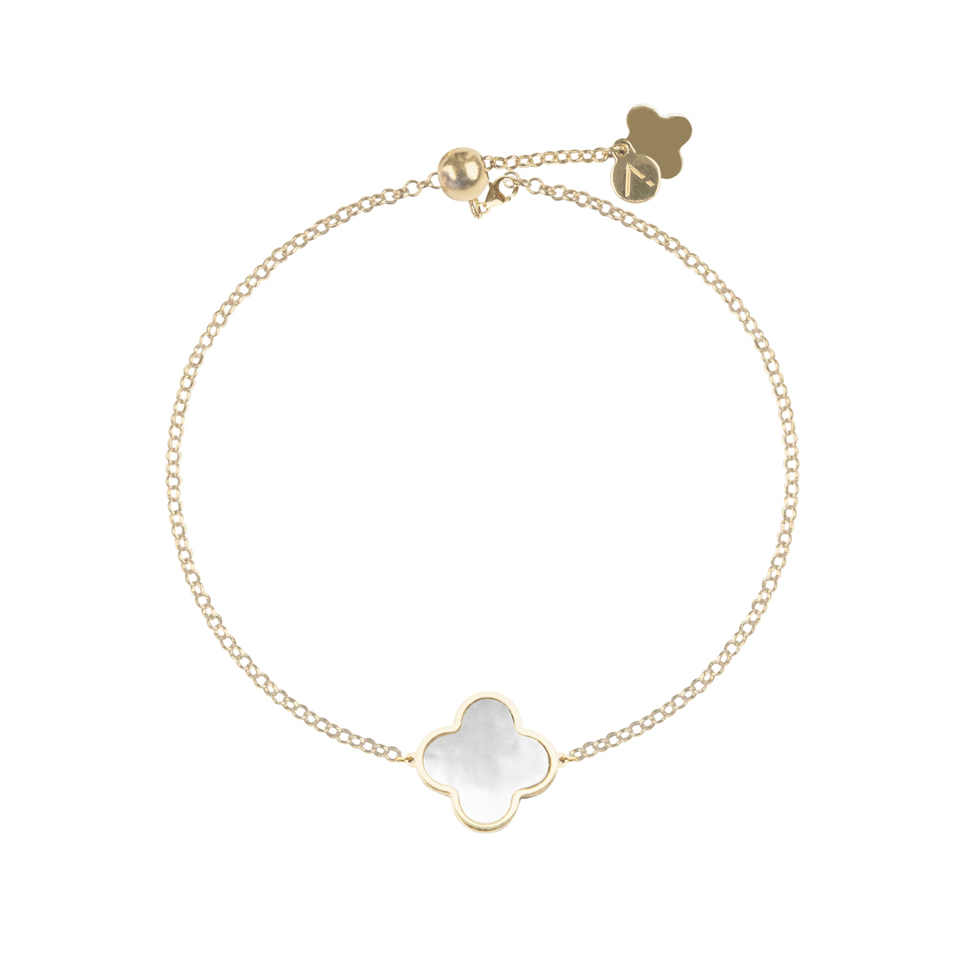 Adjustable bracelet with cross pendant, 9K yellow gold, white Madre Perla stone