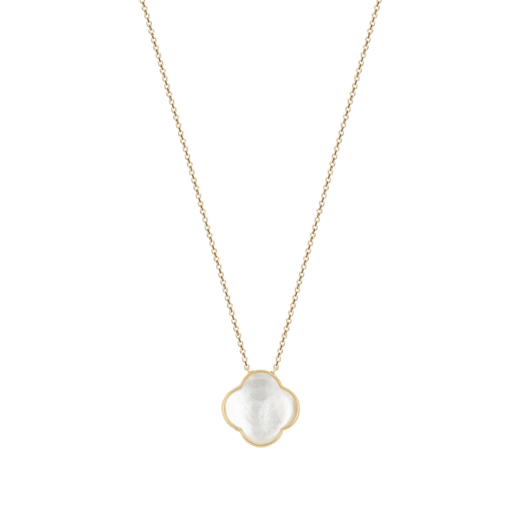 Necklace with cross pendant, 9K yellow gold, white Madre Perla stone 