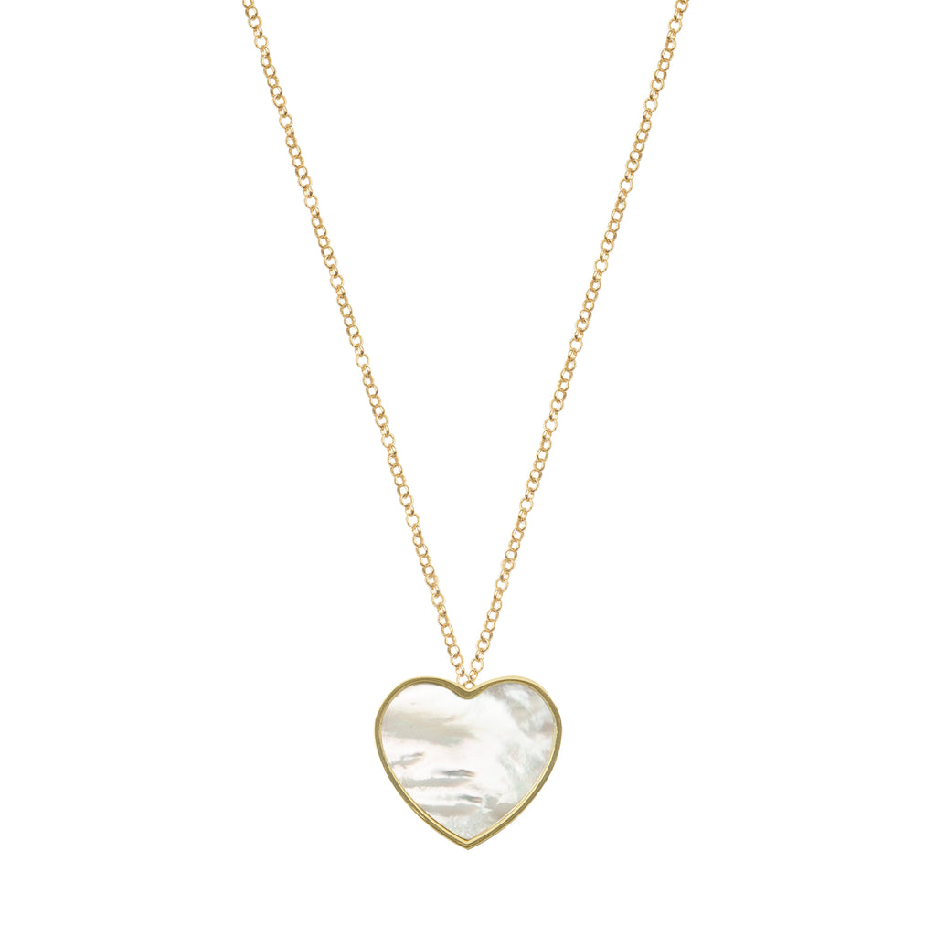 Long chain with heart pendant, 14K gold, white Madre Perla stone 
