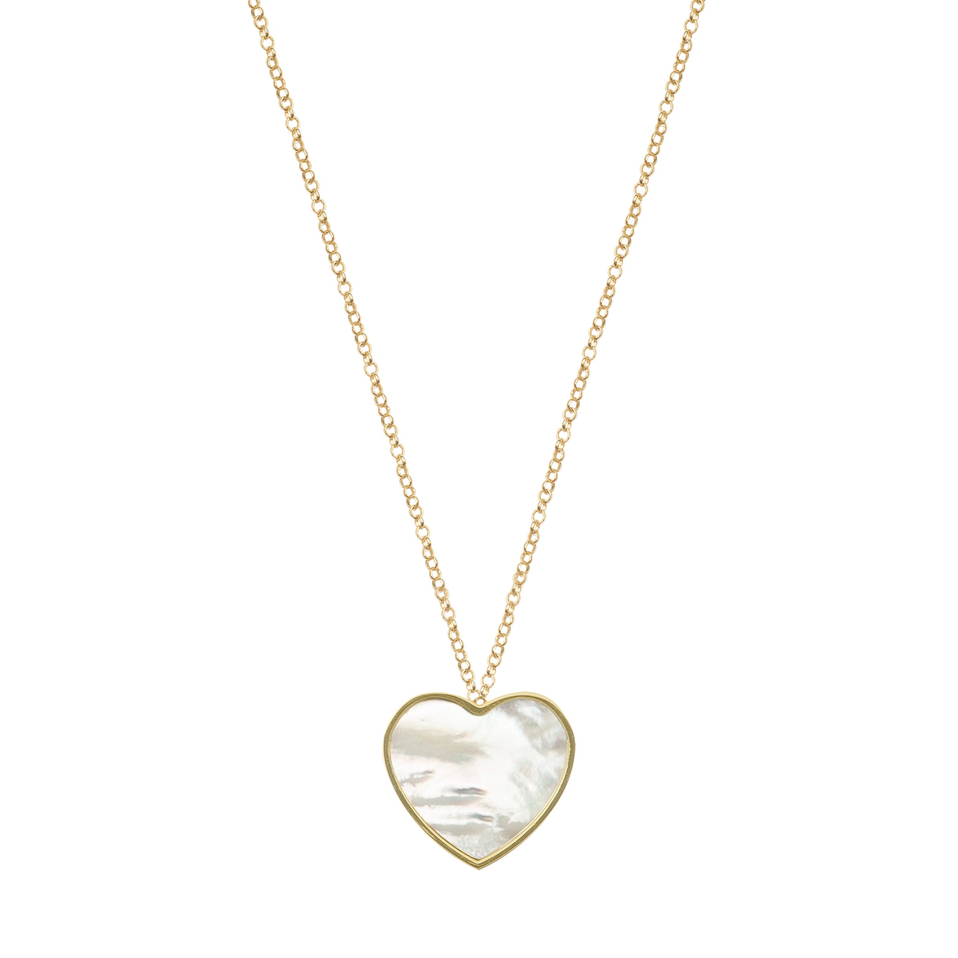 Long chain with heart pendant, 14K gold, white Madre Perla stone 