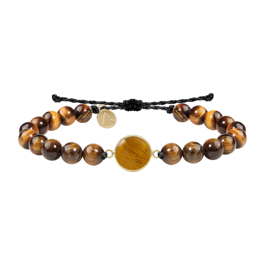 Adjustable bracelet with circle pendant, 9K yellow gold, Tiger's Eye stones, black waxed silk thread