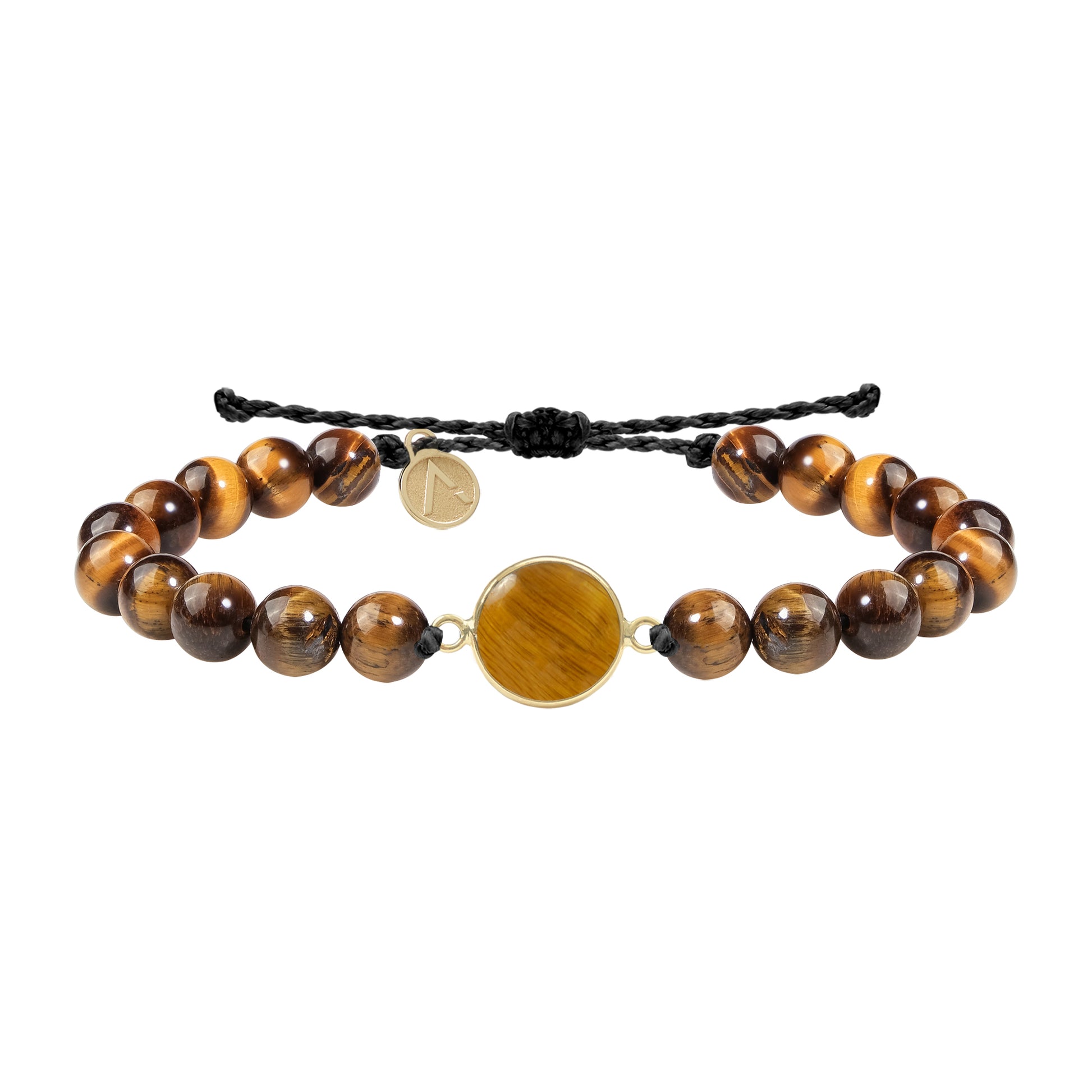 Adjustable bracelet with circle pendant, 9K yellow gold, Tiger's Eye stones, black waxed silk thread