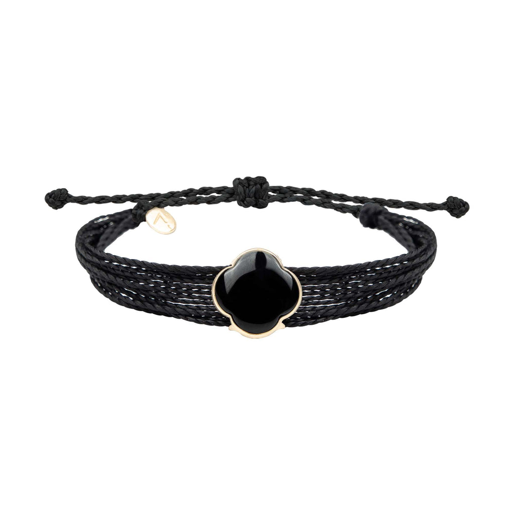 Adjustable bracelet with cross pendant, 9K yellow gold, Onyx stone, black waxed silk thread 