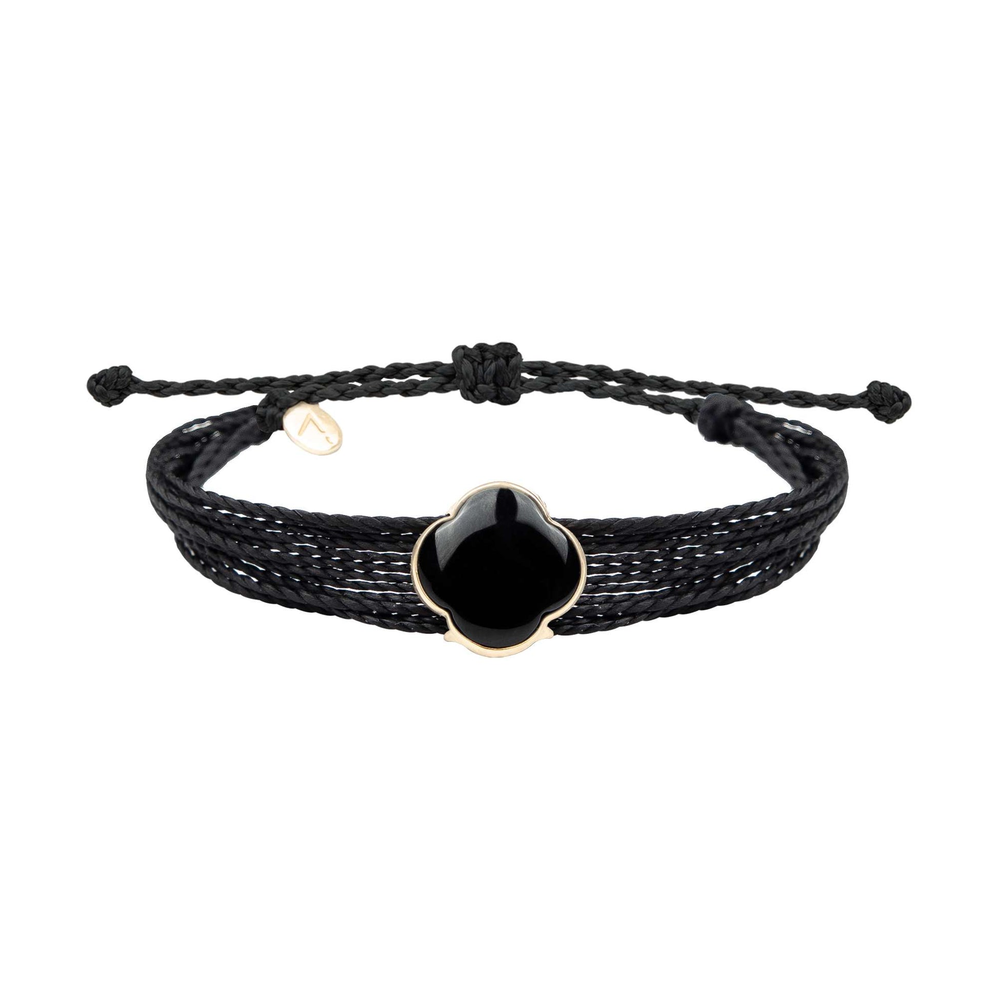 Adjustable bracelet with cross pendant, 9K yellow gold, Onyx stone, black waxed silk thread 