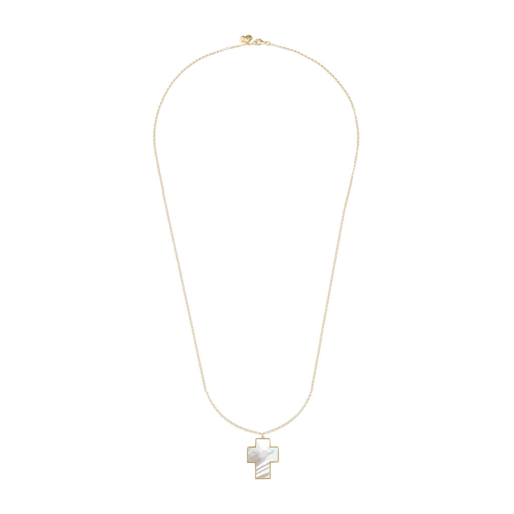 Long chain with cross pendant, 14K yellow gold, White Mother of Pearl Stone 