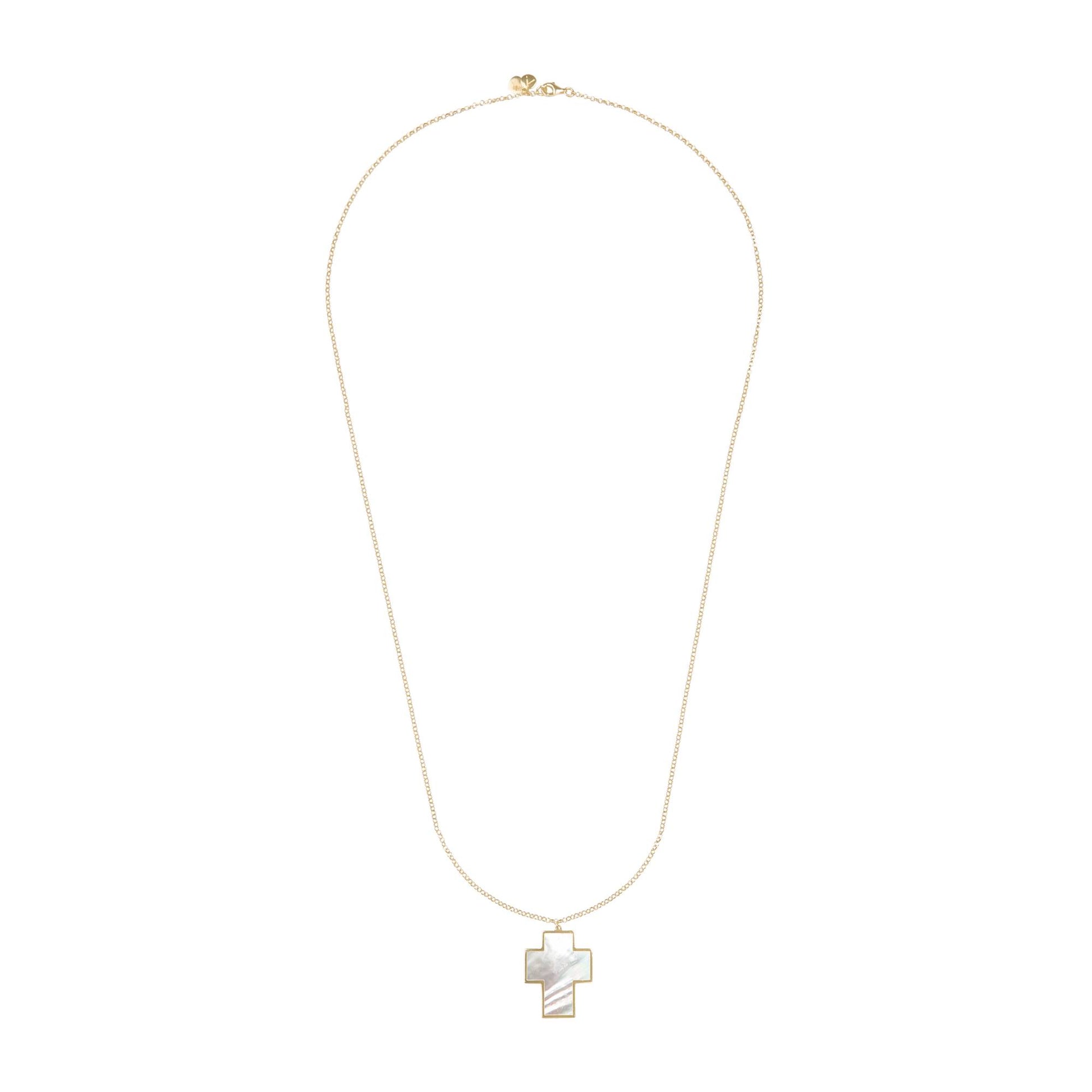 Long chain with cross pendant, 14K yellow gold, White Mother of Pearl Stone 