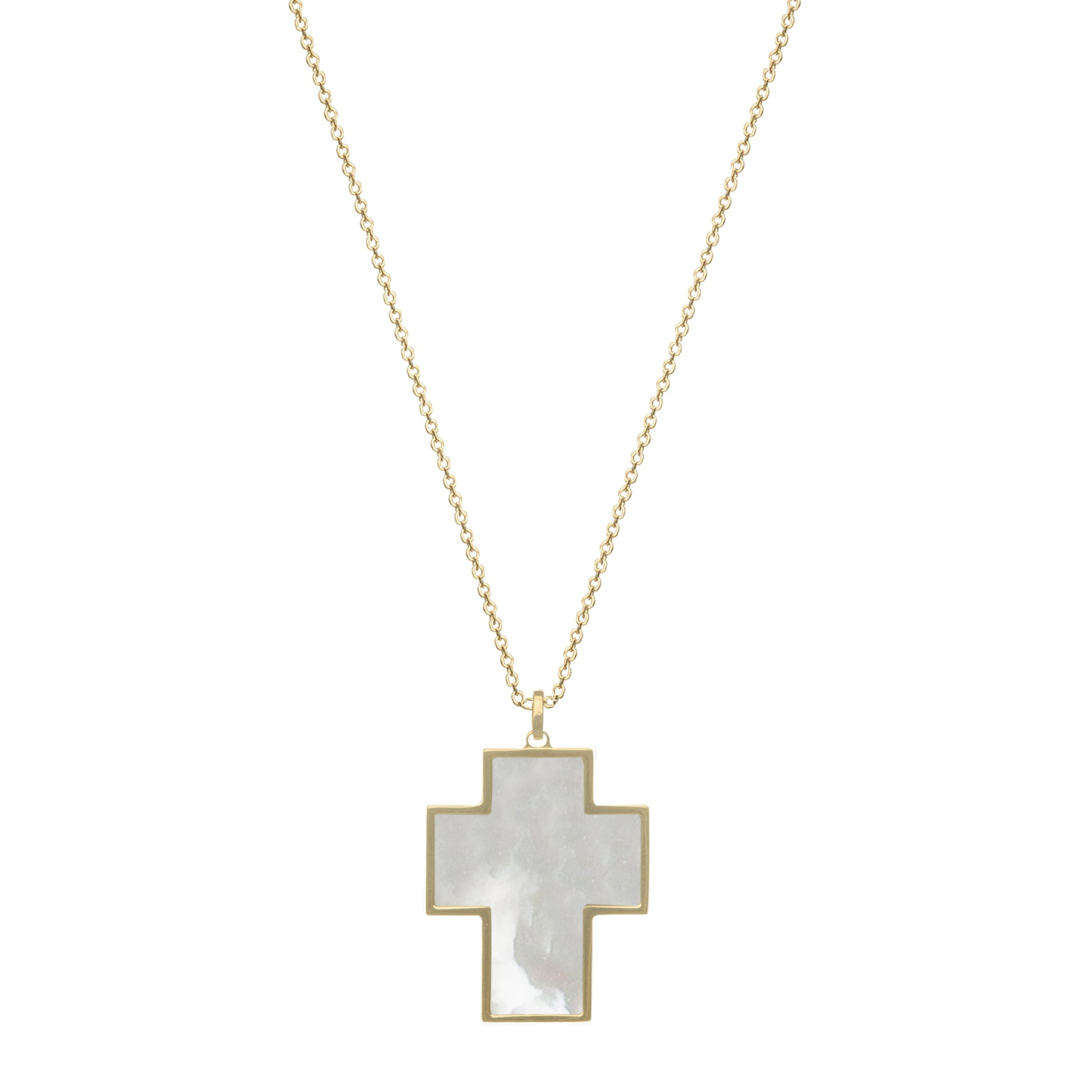 Long chain with cross pendant, 14K yellow gold, White Mother of Pearl Stone 