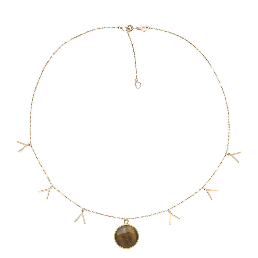 Chain with circle pendant, 9K yellow gold, Tiger's Eye stone 