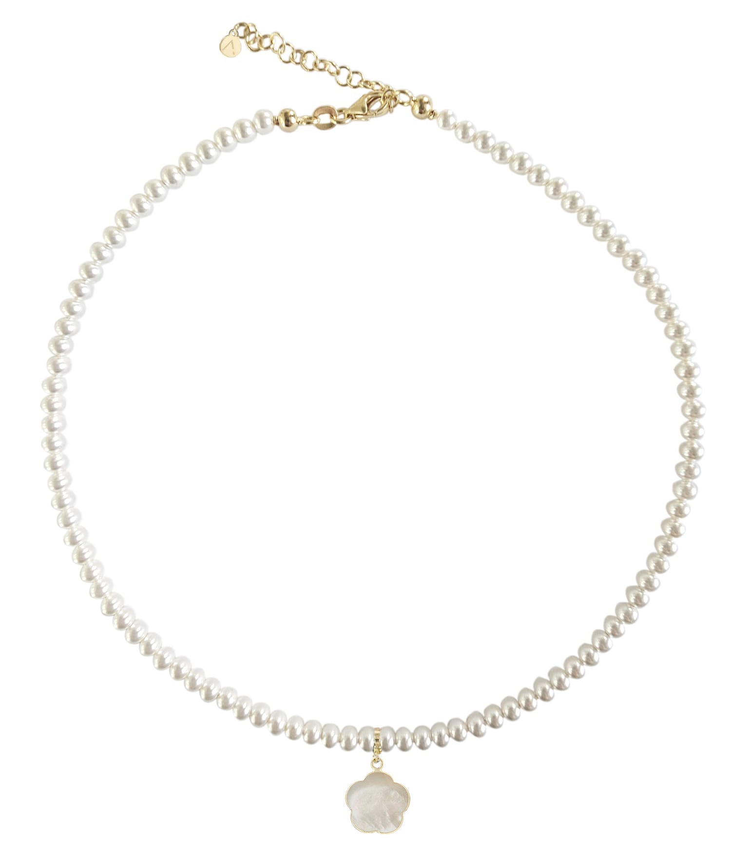 Short eco pearl necklace, cross pendant, 9K yellow gold, Madre Perla stone
