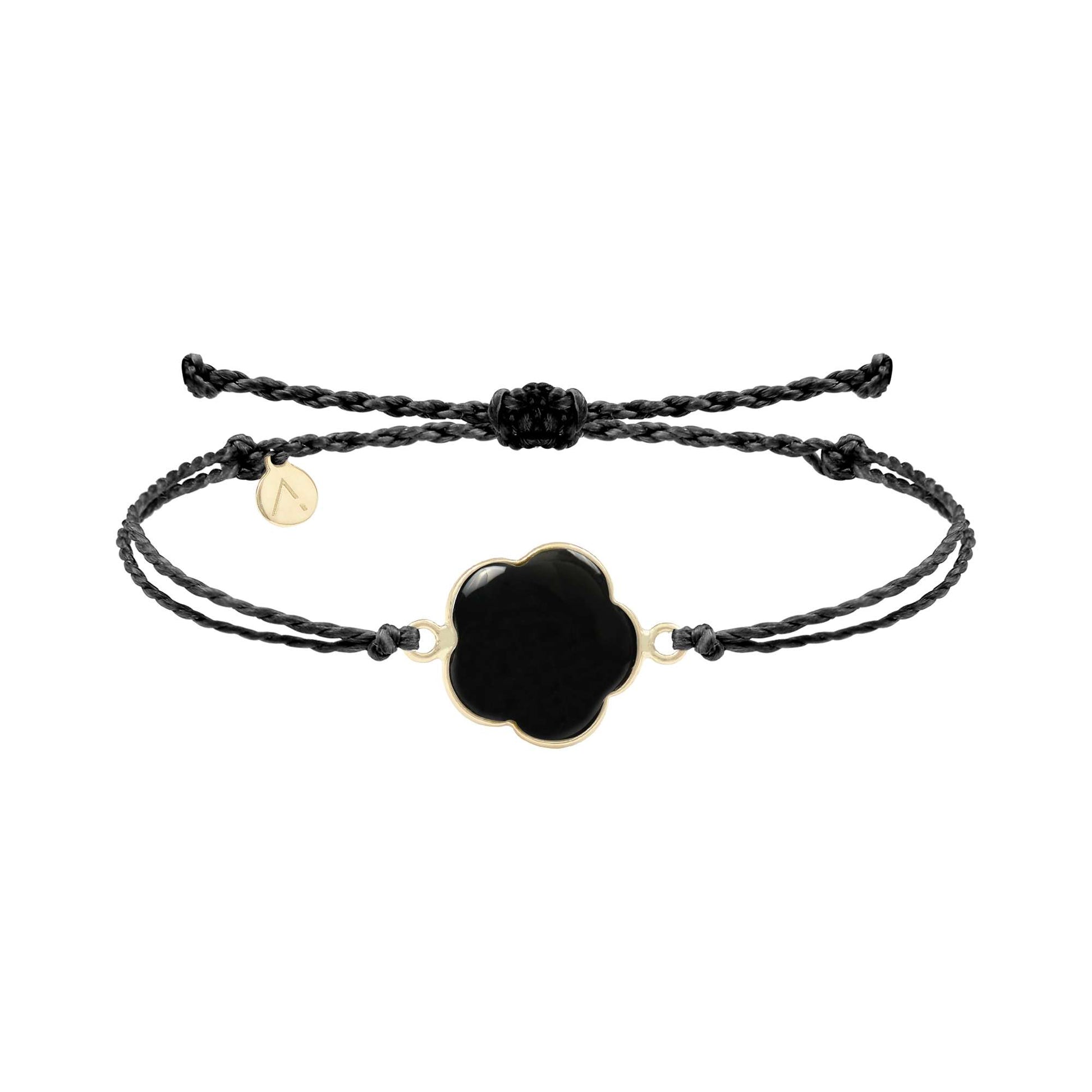 Adjustable bracelet with flower pendant, 9K yellow gold, Onyx stone, black waxed silk thread