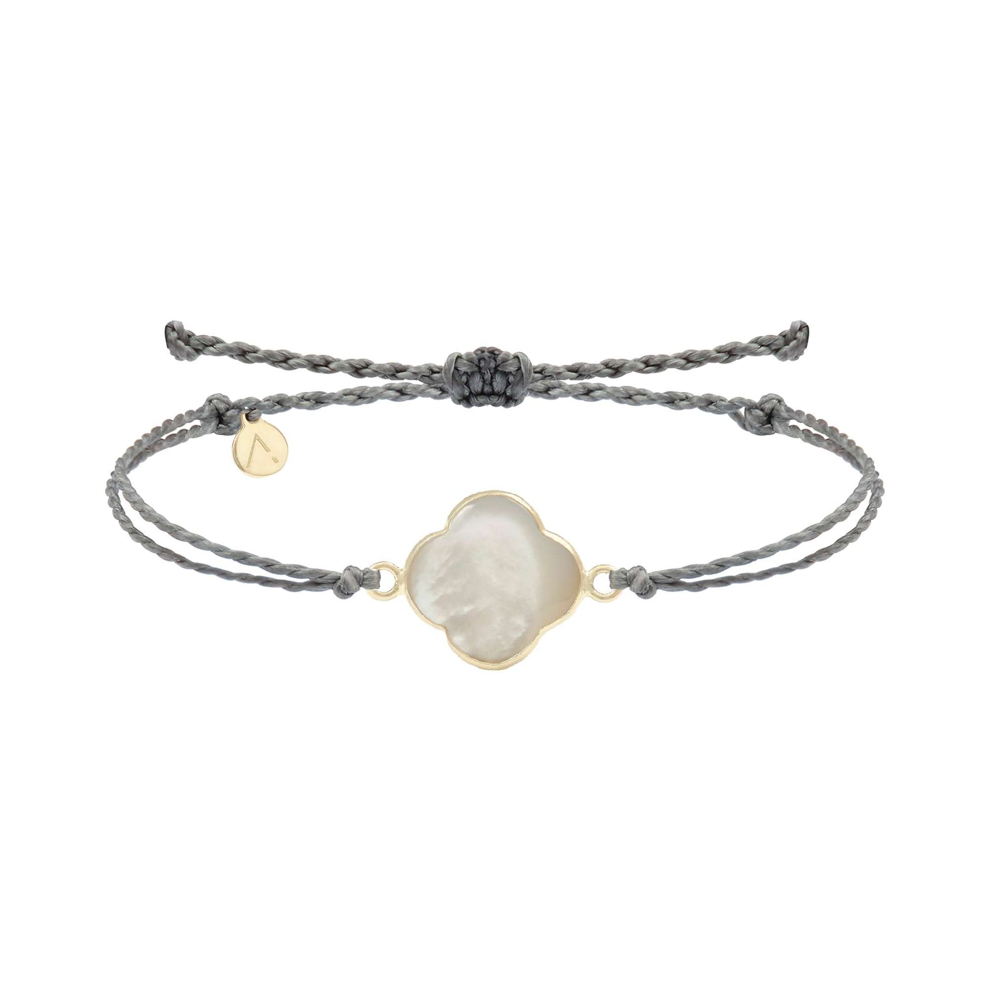 Adjustable bracelet with cross pendant, 9K yellow gold, Madre Perla stone, waxed gray silk thread