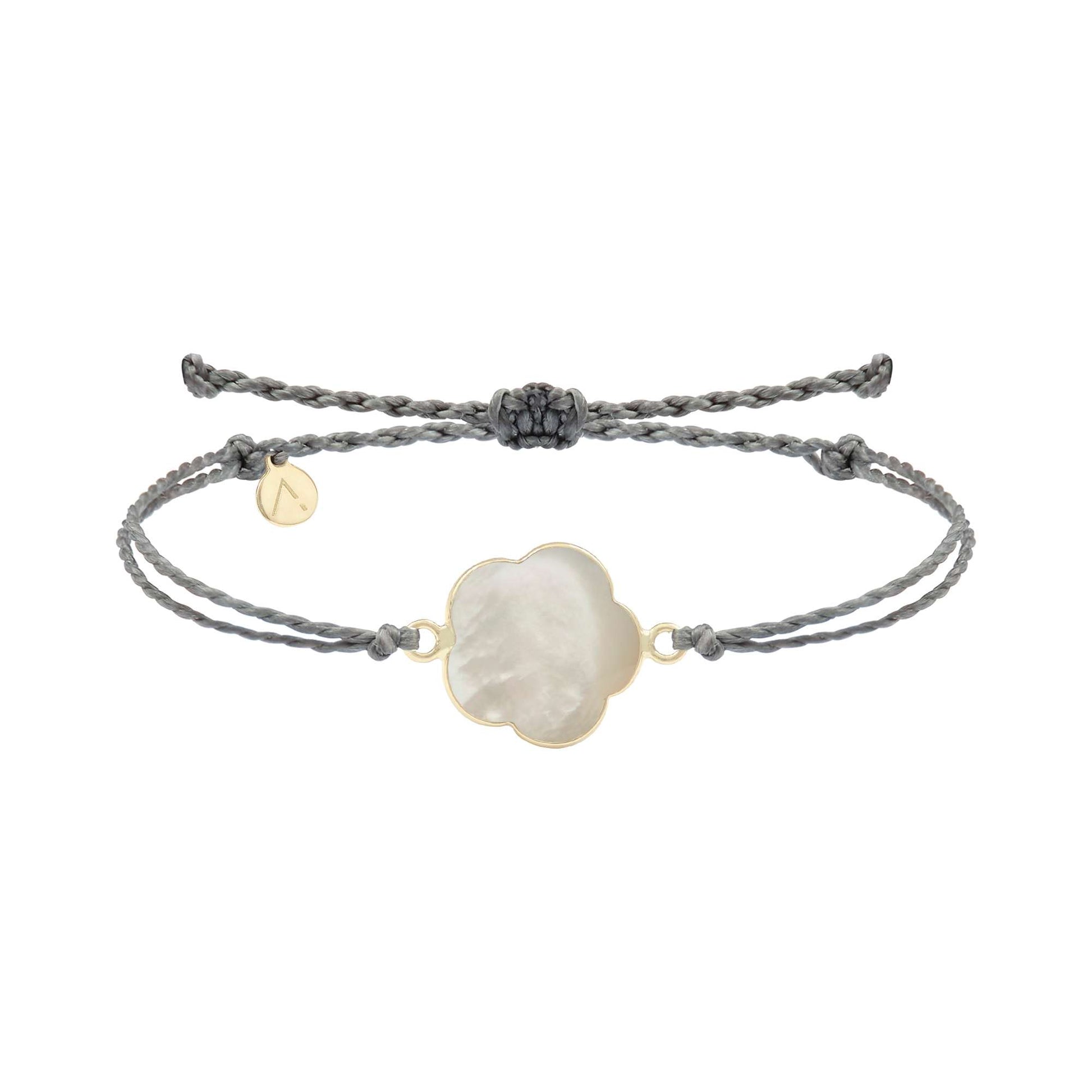 Adjustable bracelet with flower pendant, 9K yellow gold, Madre Perla stone, waxed gray silk thread