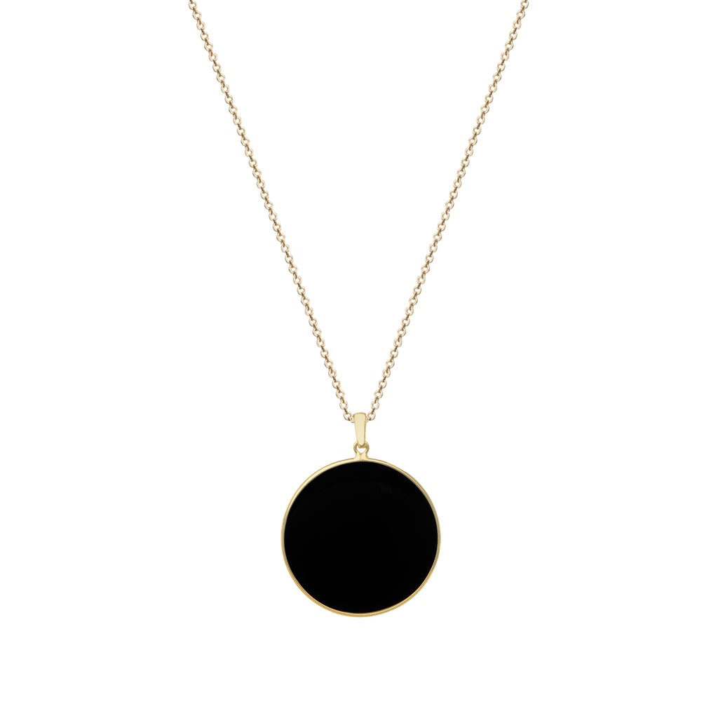 Long chain with circle pendant, 14K yellow gold, Onyx stone 