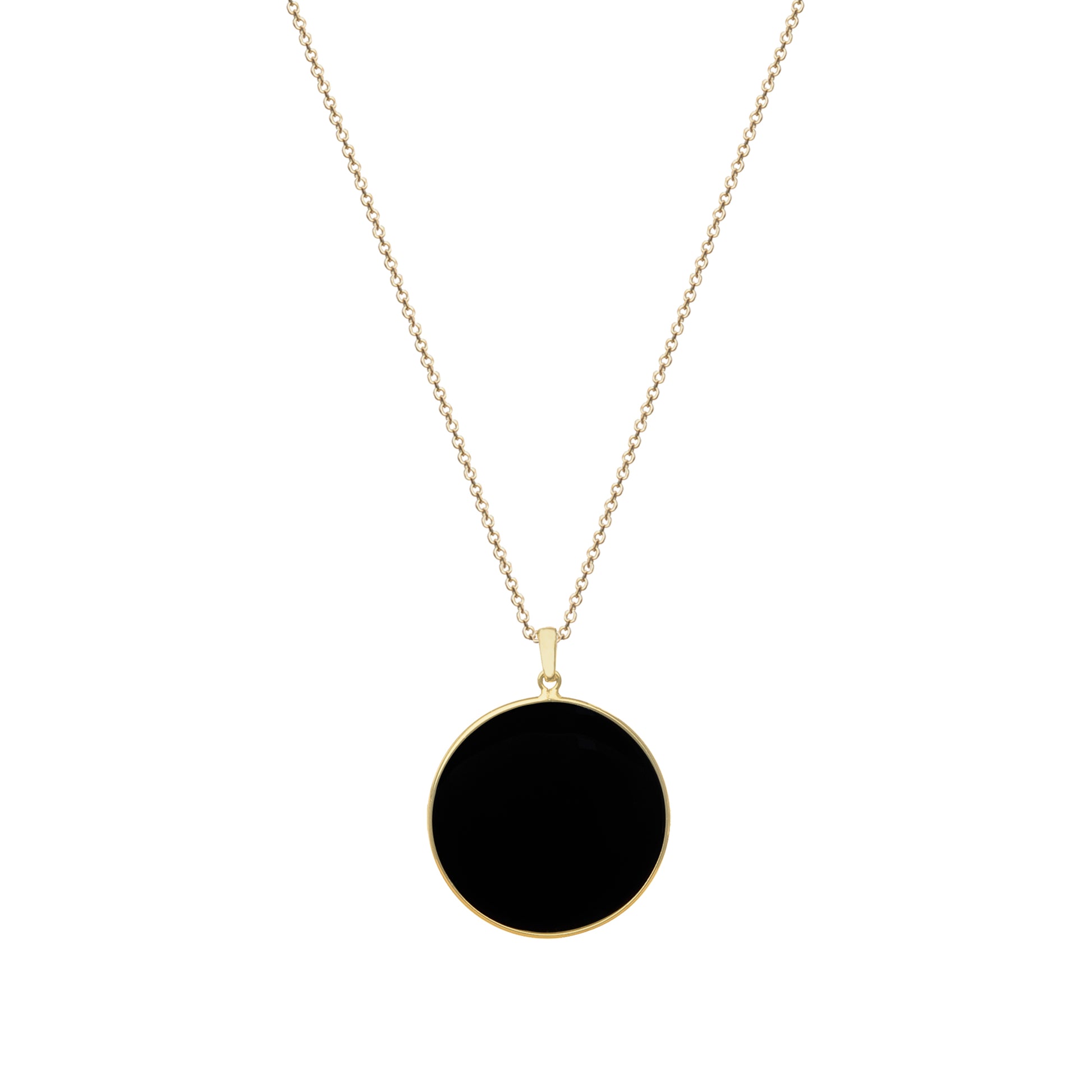 Long chain with circle pendant, 14K yellow gold, Onyx stone 