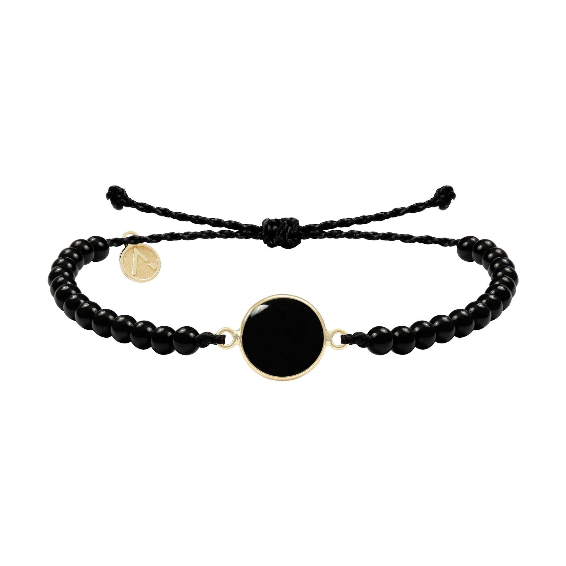 Adjustable bracelet with circle pendant, 9K yellow gold, Onyx stones, black waxed silk thread 