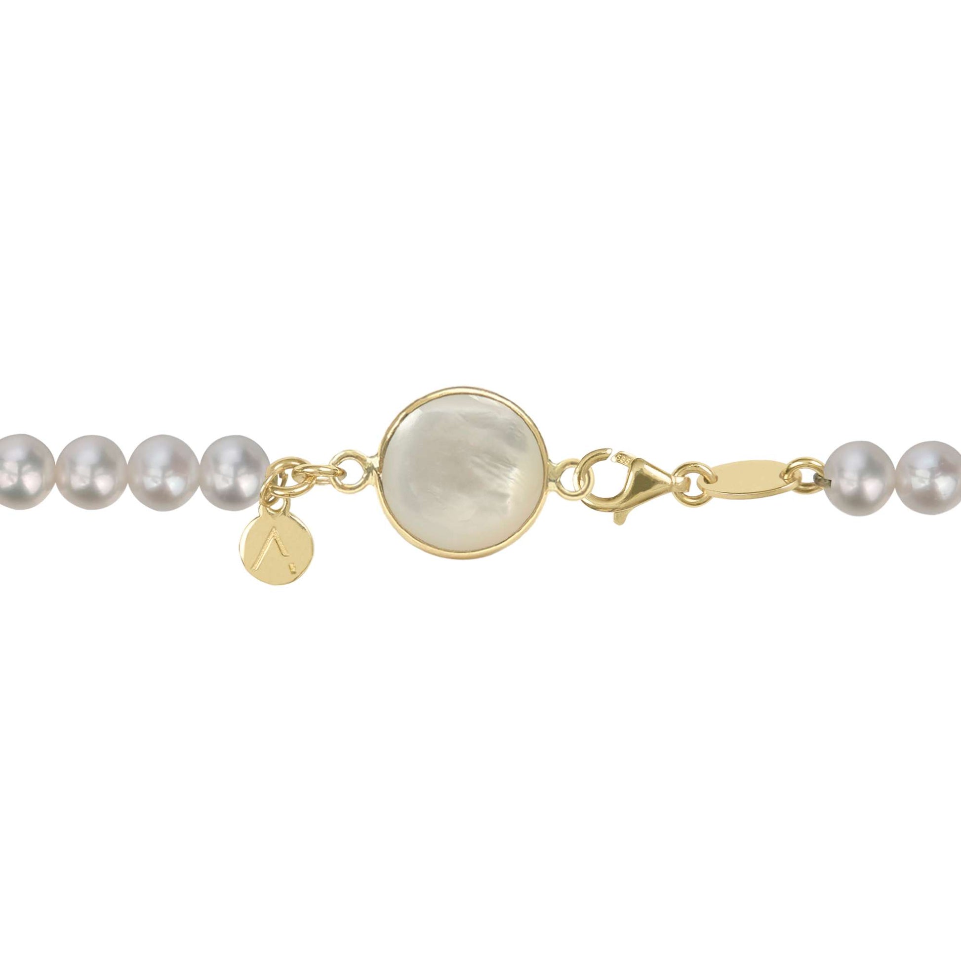 Short eco pearl necklace, cross pendant, 9K yellow gold, Madre Perla stone