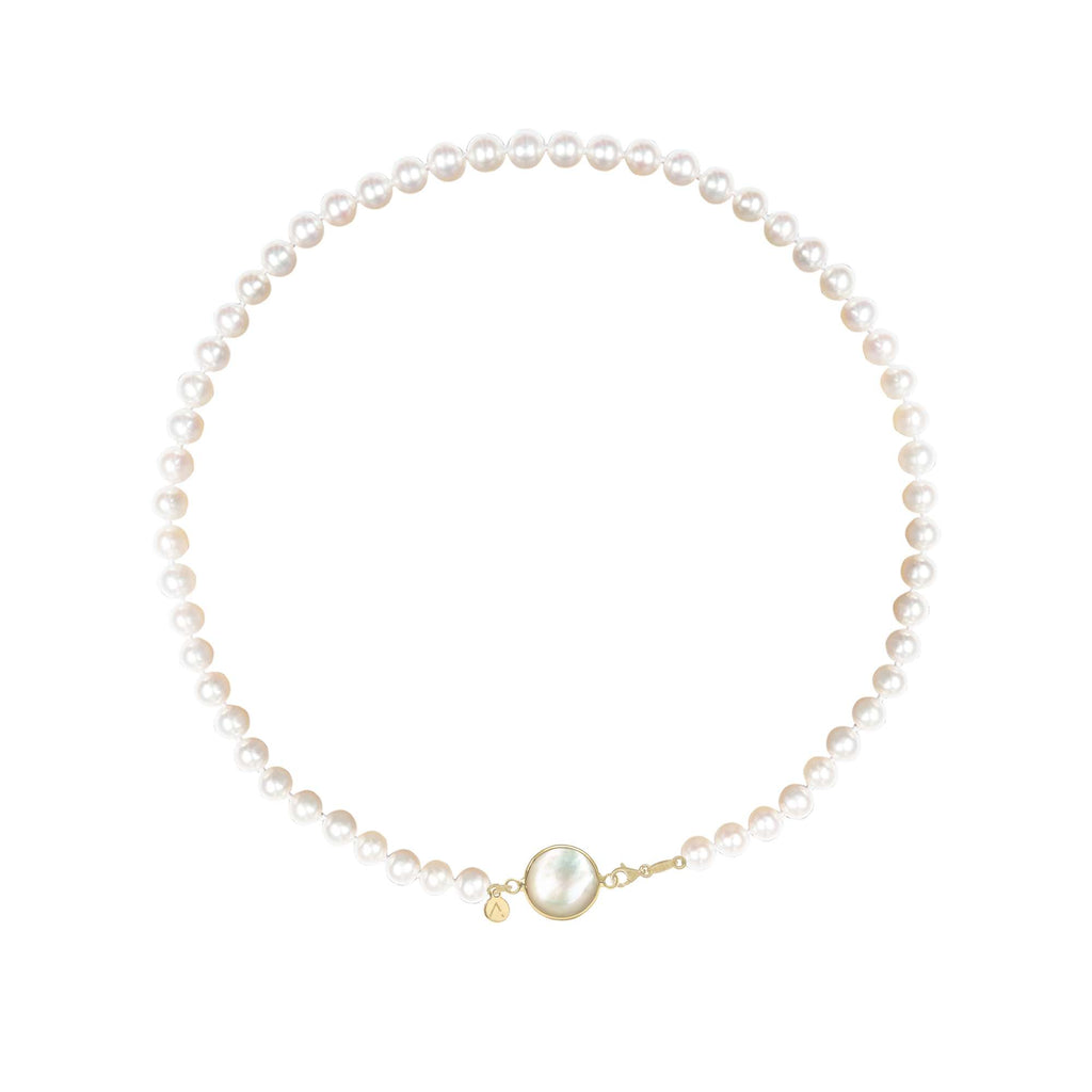 Short eco pearl necklace, cross pendant, 9K yellow gold, Madre Perla stone