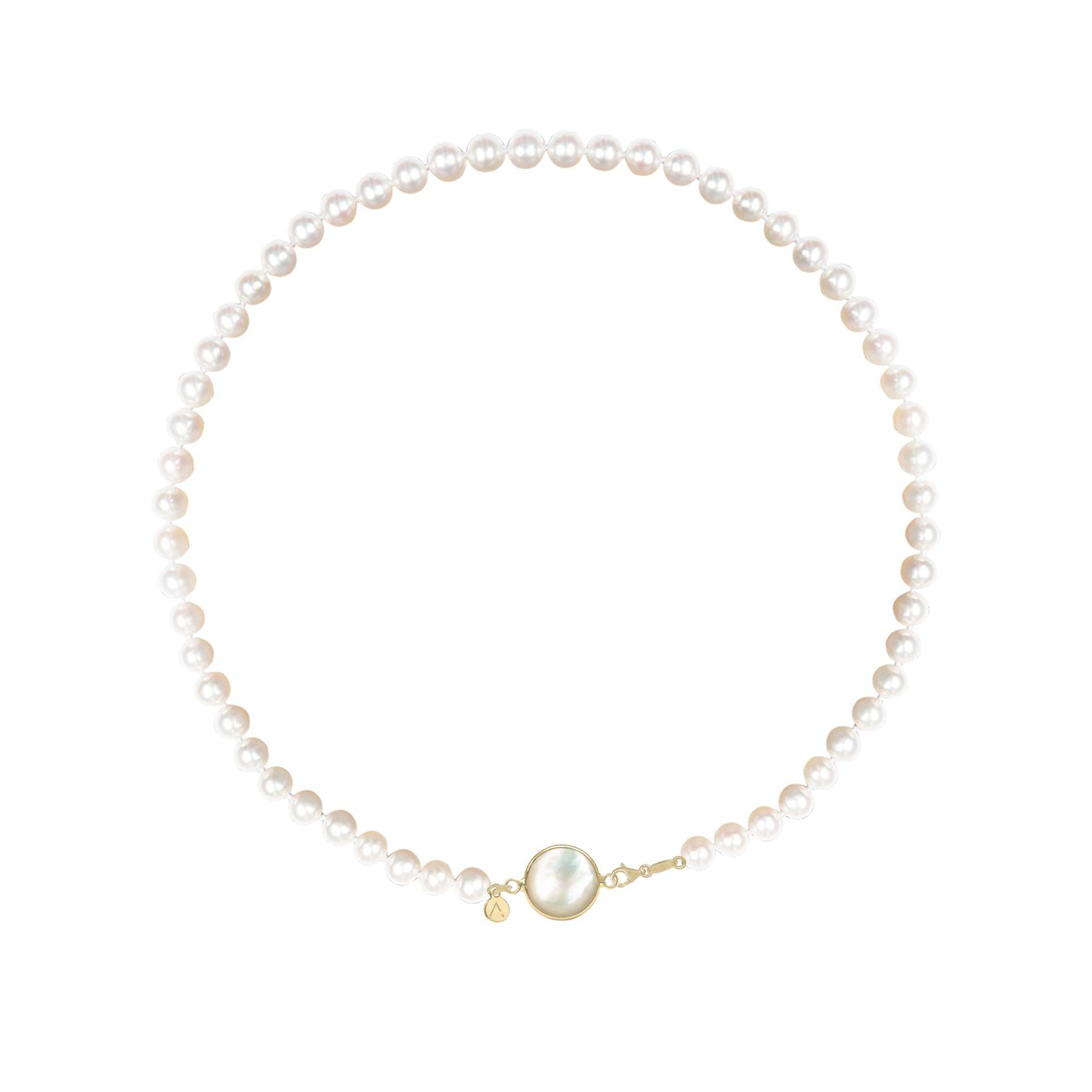 Short eco pearl necklace, cross pendant, 9K yellow gold, Madre Perla stone
