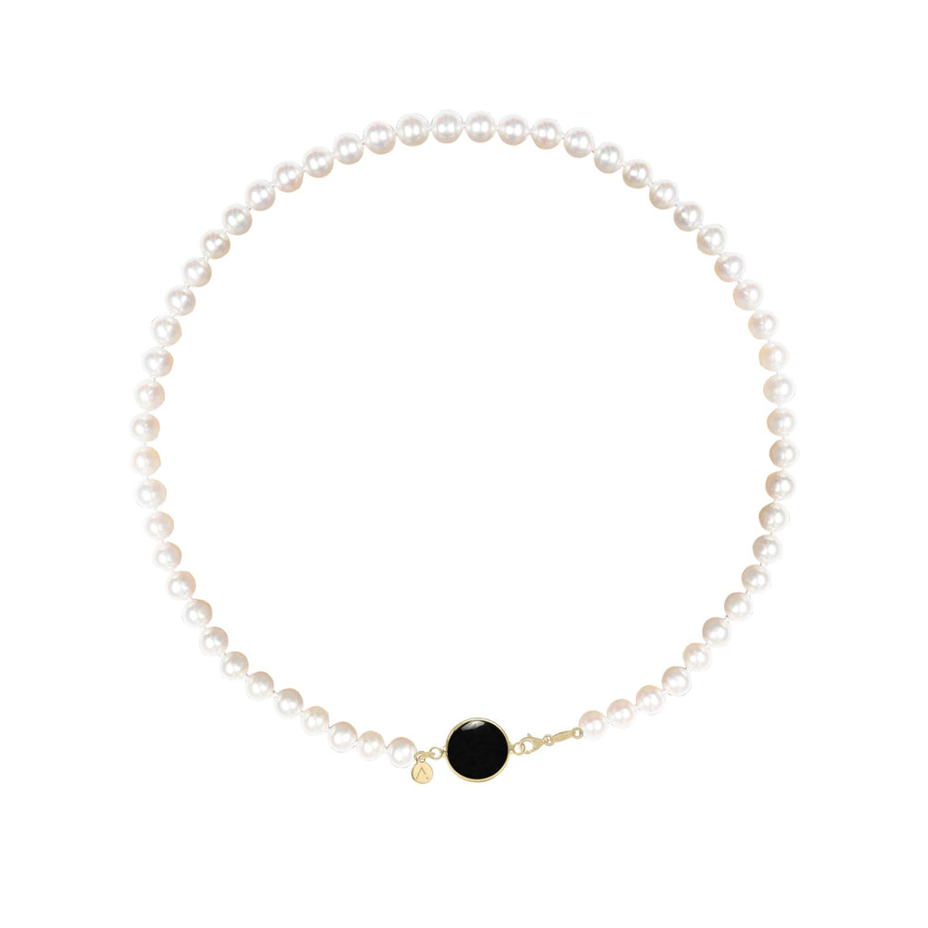 Short eco pearl necklace, cross pendant, 9K yellow gold, Madre Perla stone