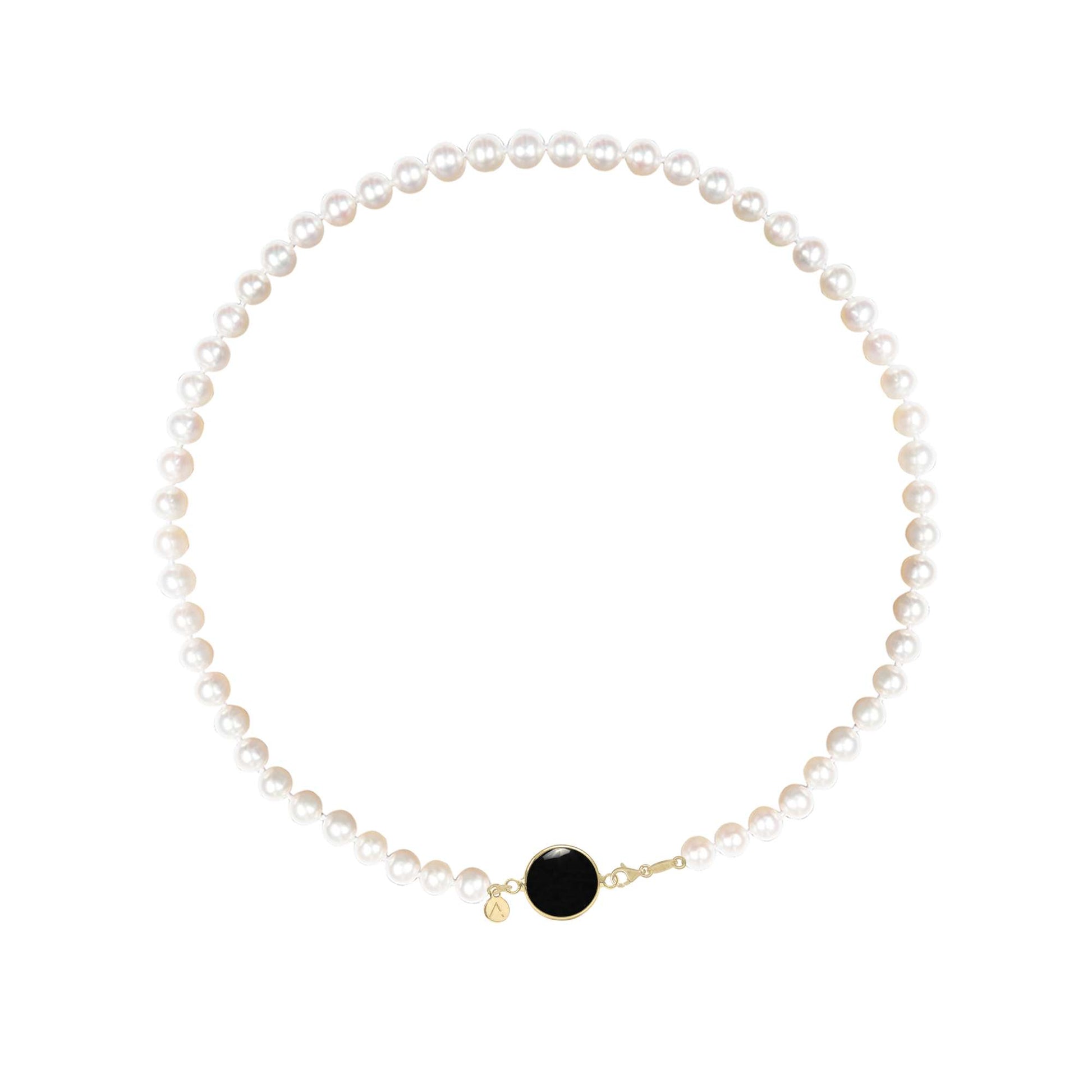 Short eco pearl necklace, cross pendant, 9K yellow gold, Madre Perla stone
