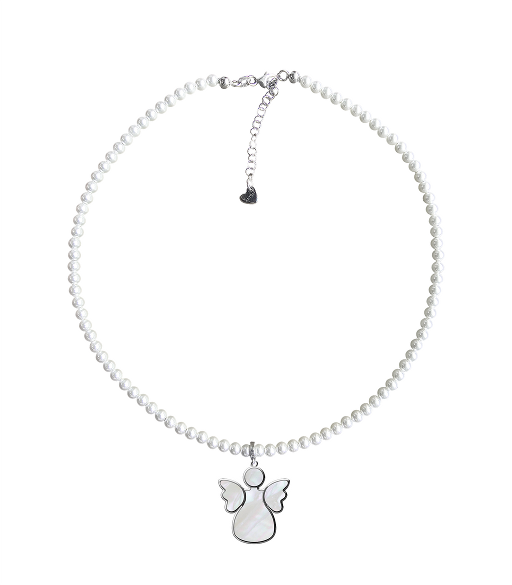 Short eco pearl necklace, cross pendant, 9K yellow gold, Madre Perla stone