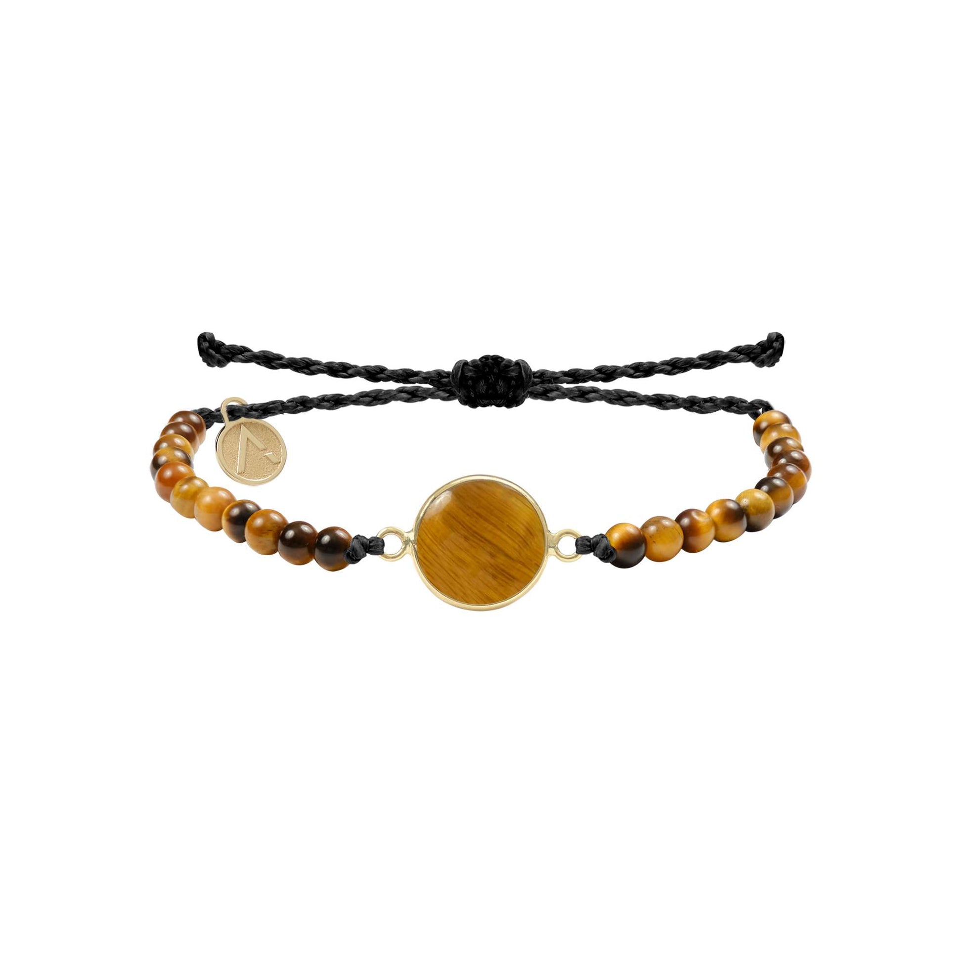 Adjustable bracelet, circle pendant, 9K yellow gold, Tiger's Eye stone, silk thread