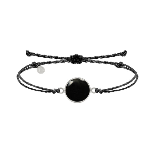 Adjustable bracelet with circle pendant, 14 K white gold tag and silver frame, Onyx stone, black silk thread