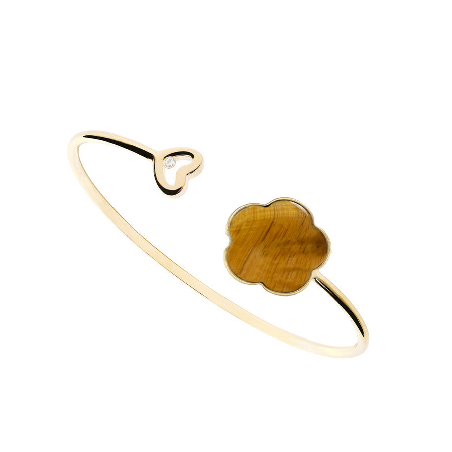 Flexible diamond bracelet, flower pendant, 9K yellow gold, Tiger's Eye stone