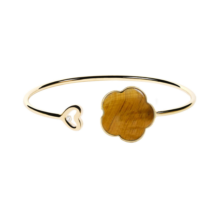 Flexible diamond bracelet, flower pendant, 9K yellow gold, Tiger's Eye stone
