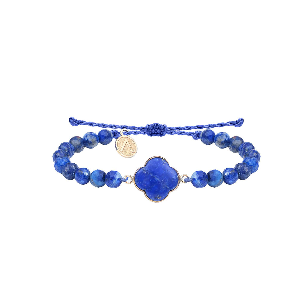 Adjustable faceted bracelet, cross pendant, 9K yellow gold, Lapis Lazuli stone, silk thread 