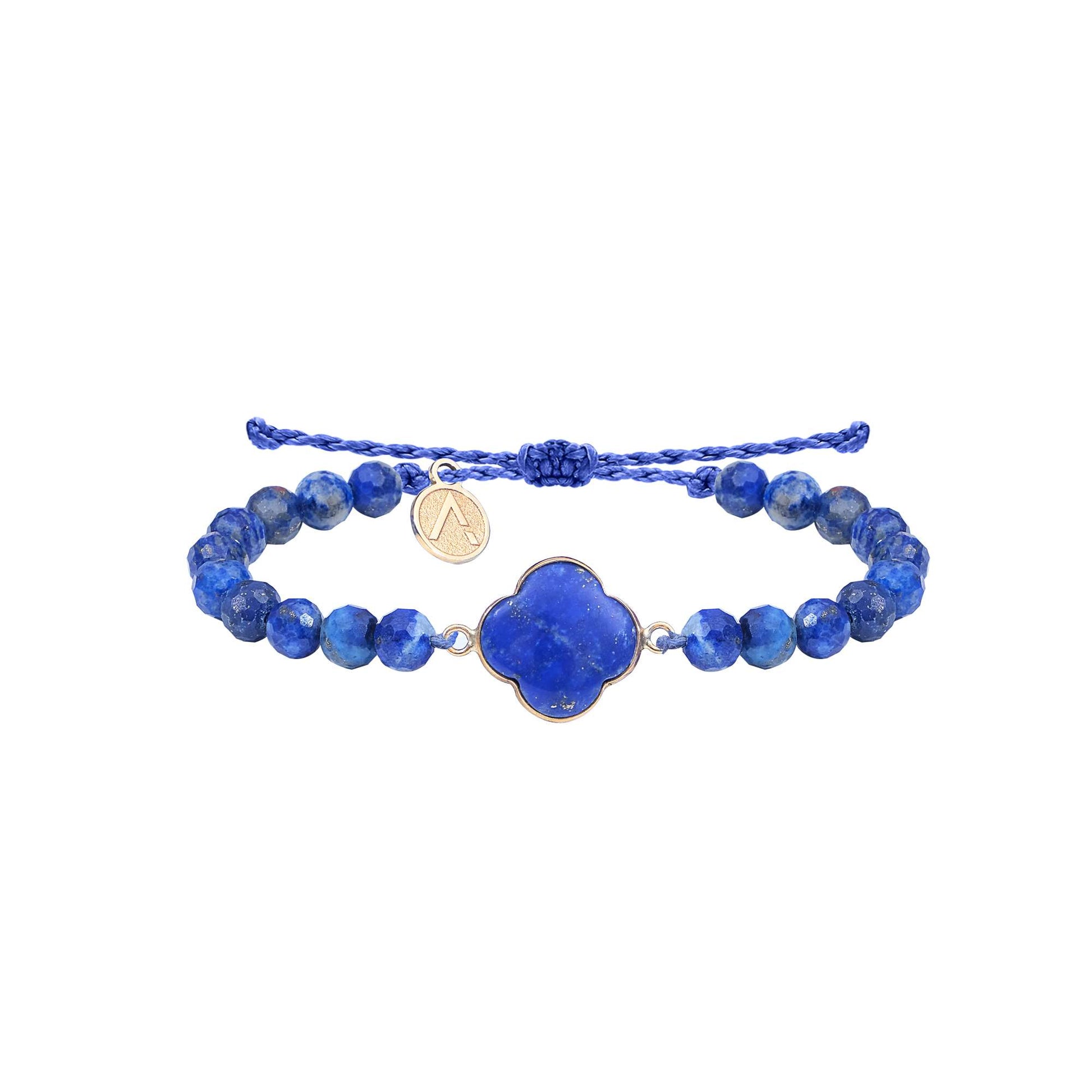 Adjustable faceted bracelet, cross pendant, 9K yellow gold, Lapis Lazuli stone, silk thread 
