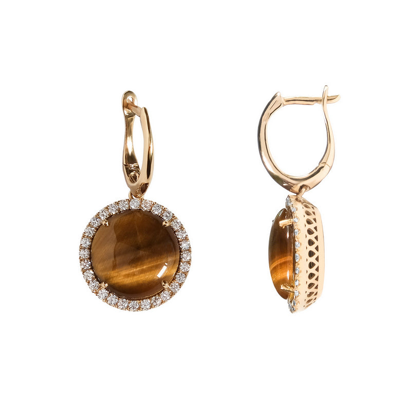 Diamond earrings, circle pendant, 18K yellow gold, Tiger's Eye stone