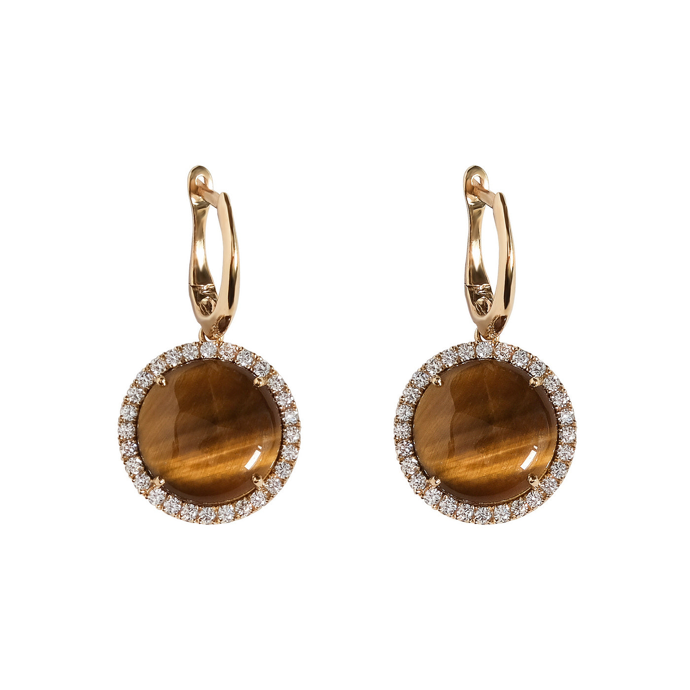 Diamond earrings, circle pendant, 18K yellow gold, Tiger's Eye stone