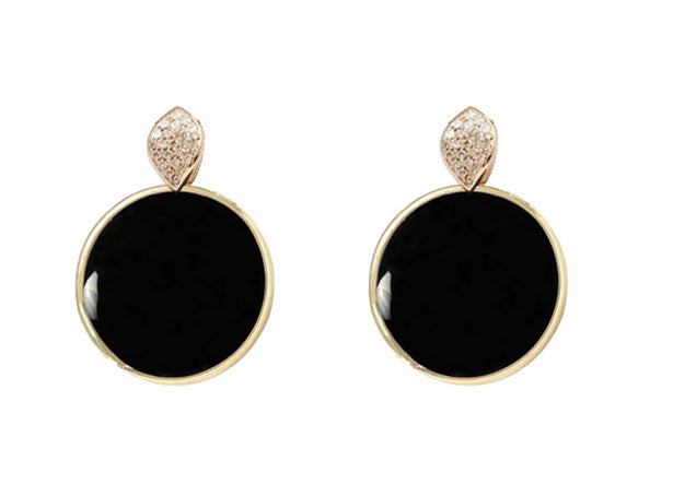 Diamond earrings, circle pendant, 9K yellow gold, Onyx stone