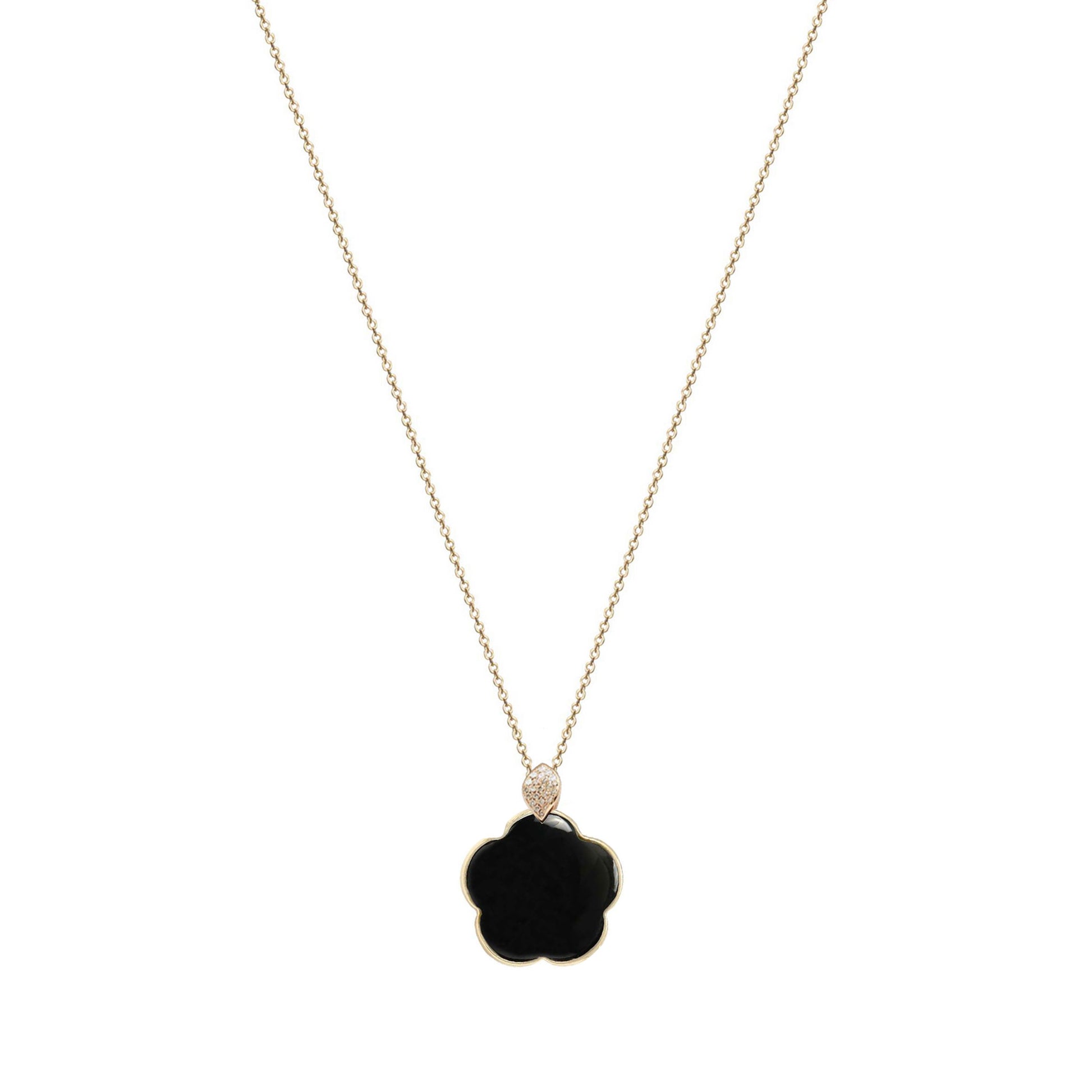 Diamond necklace, flower pendant, 9K yellow gold, Onyx stone 