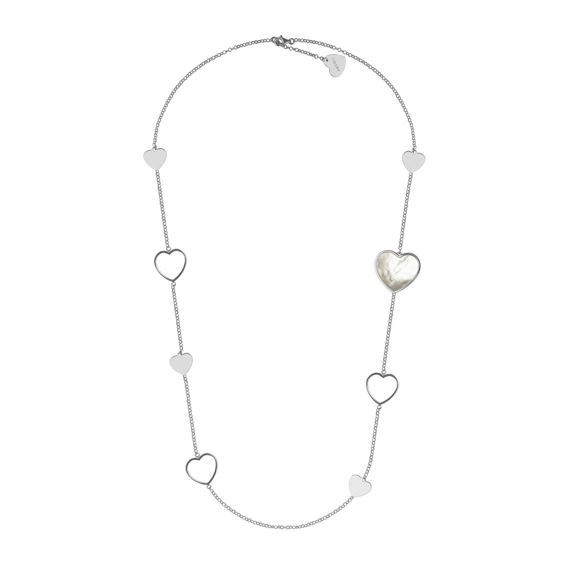 Long necklace with asymmetrical hearts, silver, white Madre Perla stone 