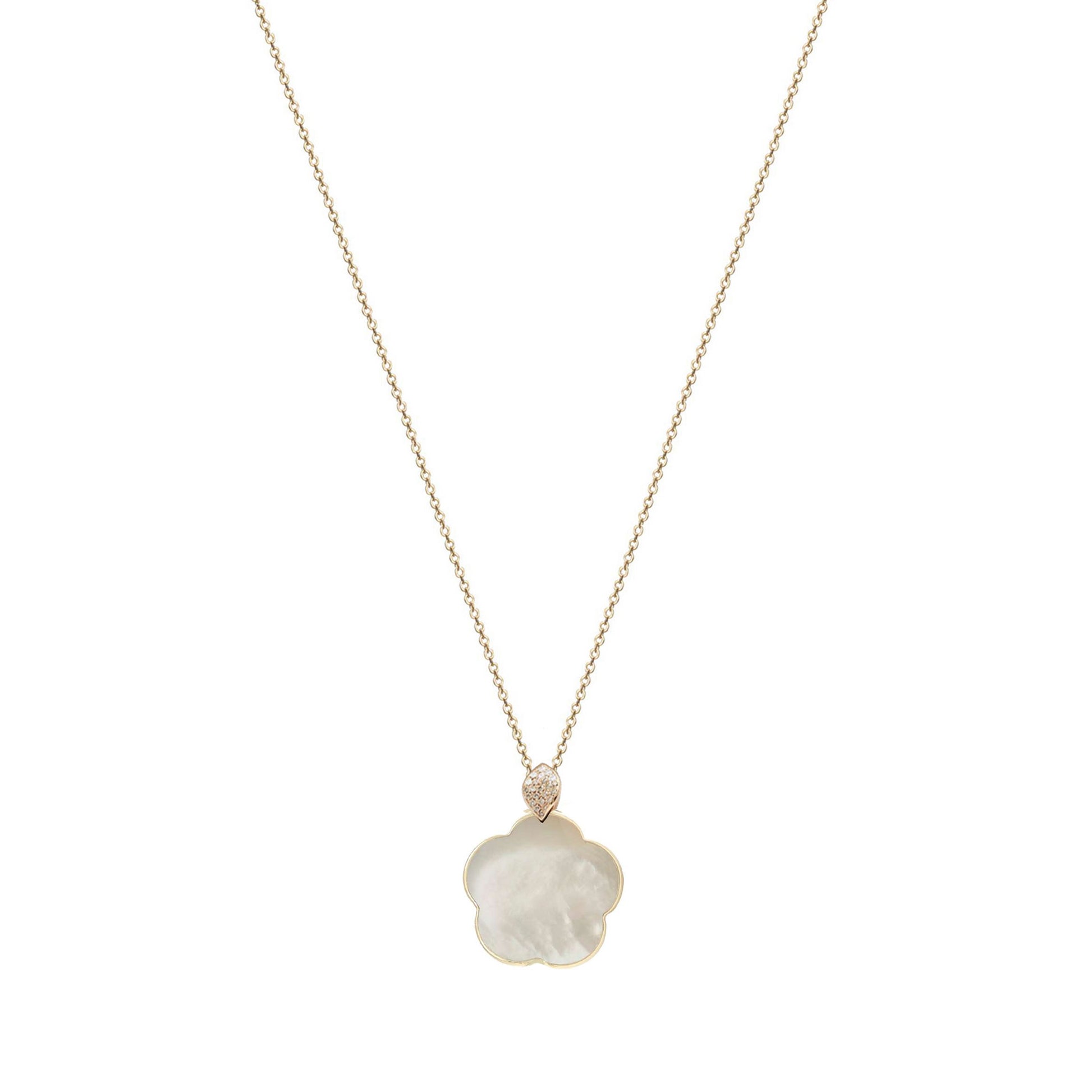 Diamond necklace, flower pendant, 9K yellow gold, Madre Perla stone 