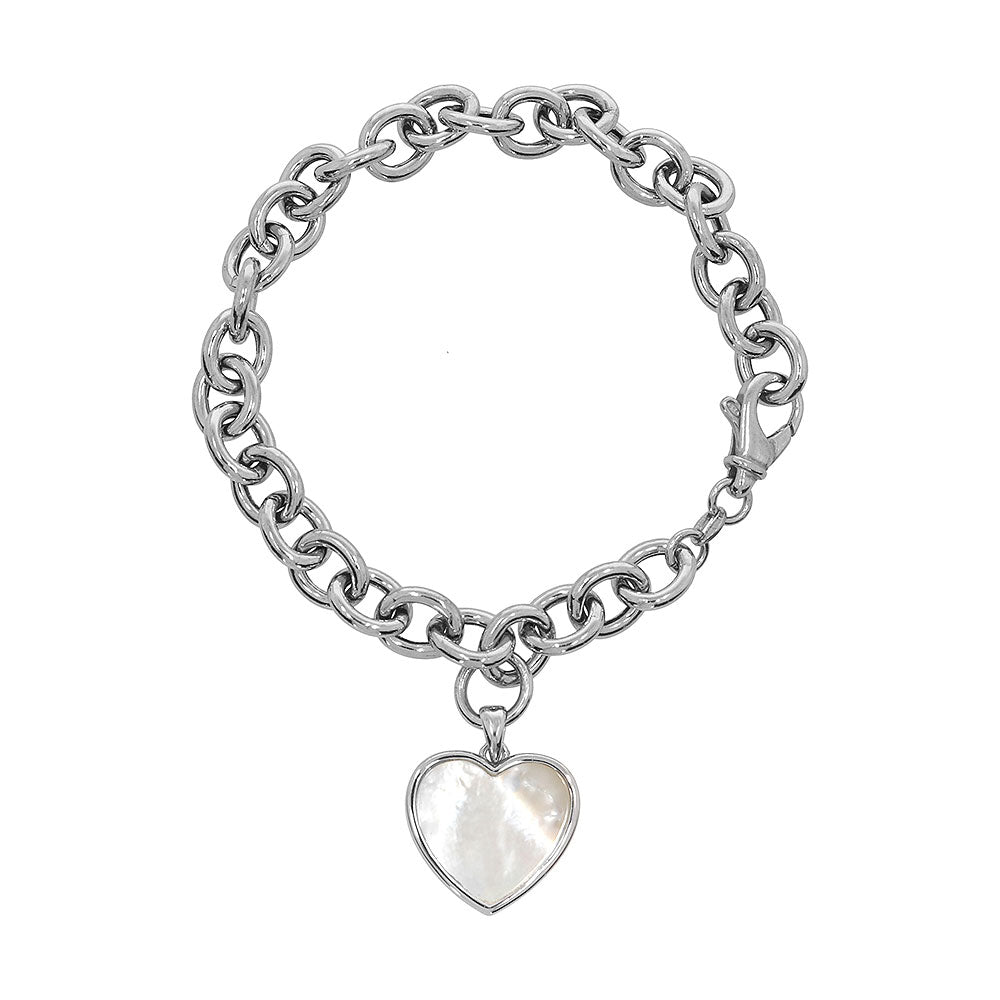 Adjustable bracelet with heart pendant, 925 silver, Madre Perla stone