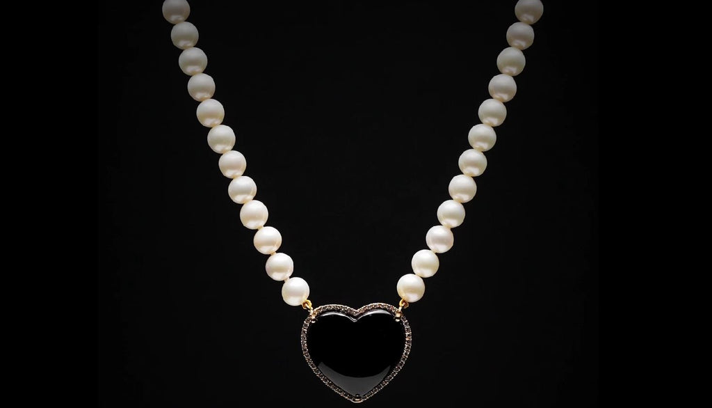 Short eco pearl necklace, cross pendant, 9K yellow gold, Madre Perla stone