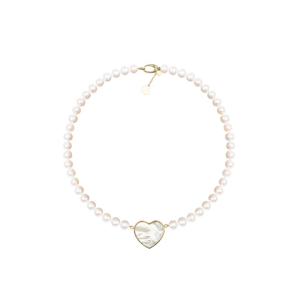 Victoria necklace, pearls 0.8 cm, 14K gold, white Madre Perla stone