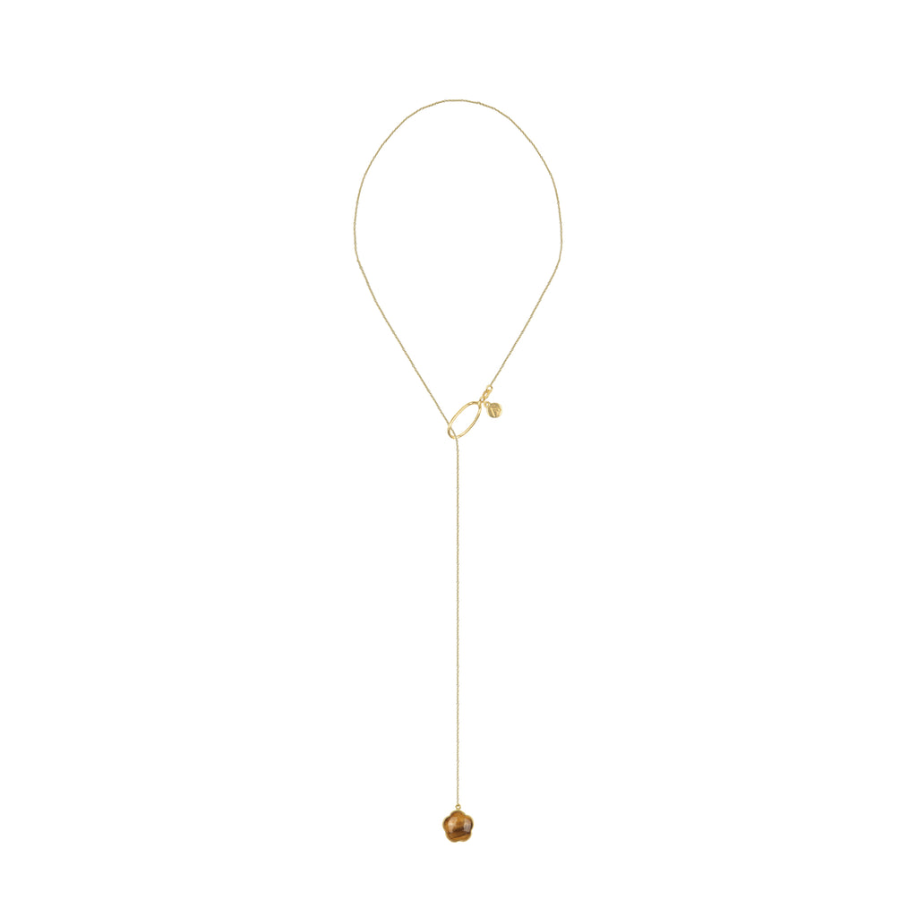 Long adjustable chain with circle pendant, 9K yellow gold, flower pendant, Tiger's Eye stone 