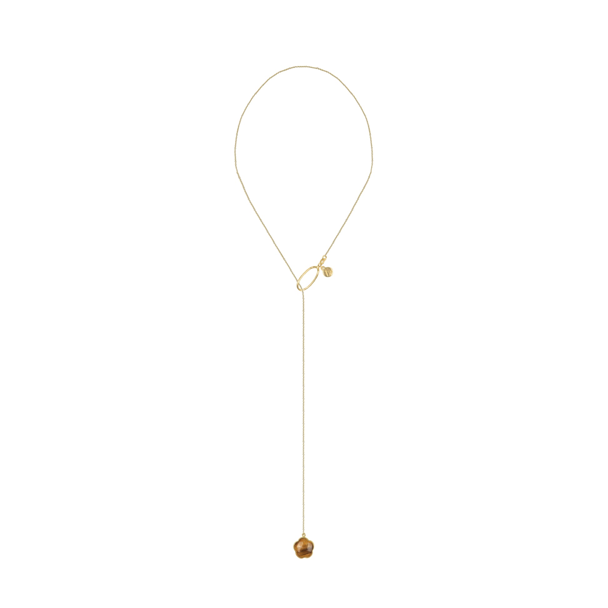 Long adjustable chain with circle pendant, 9K yellow gold, flower pendant, Tiger's Eye stone 