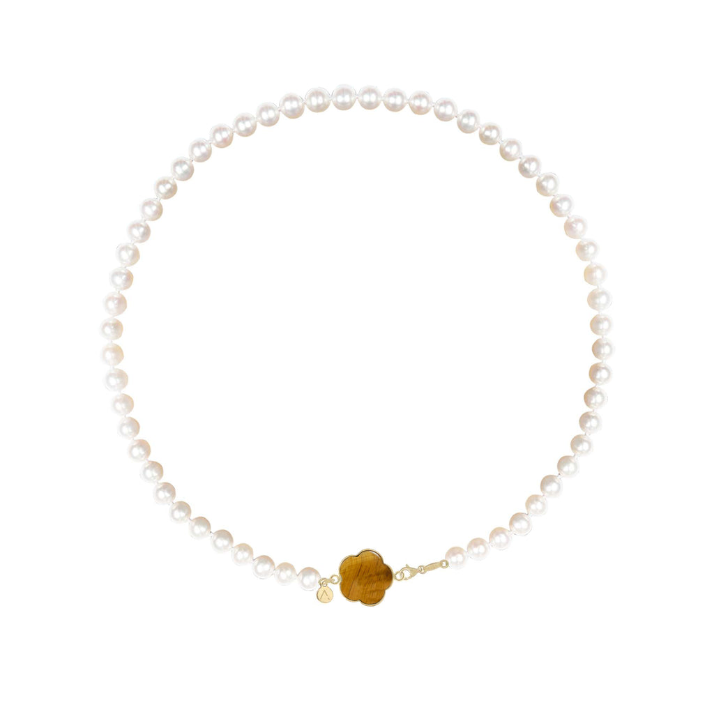 Short eco pearl necklace, cross pendant, 9K yellow gold, Madre Perla stone