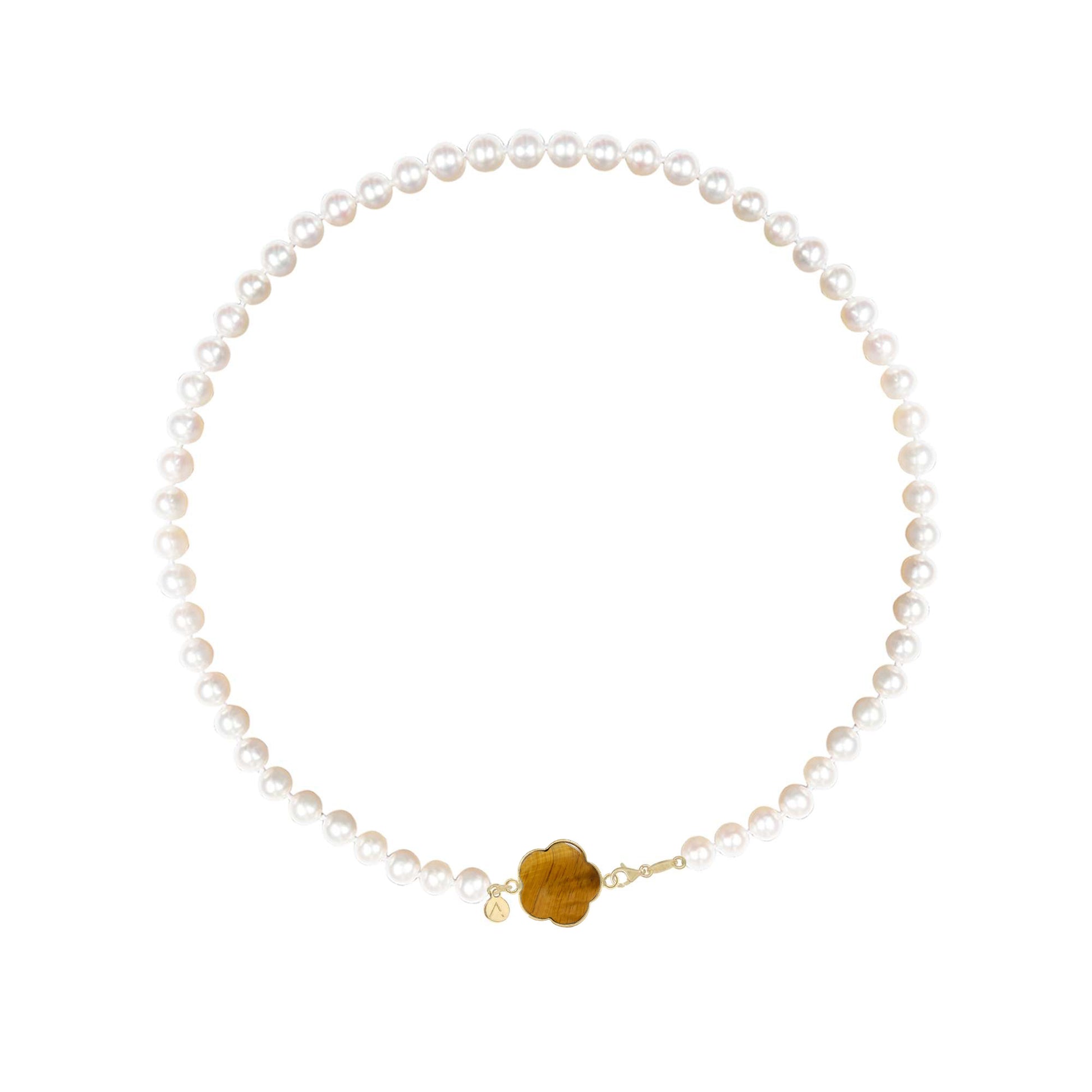 Short eco pearl necklace, cross pendant, 9K yellow gold, Madre Perla stone